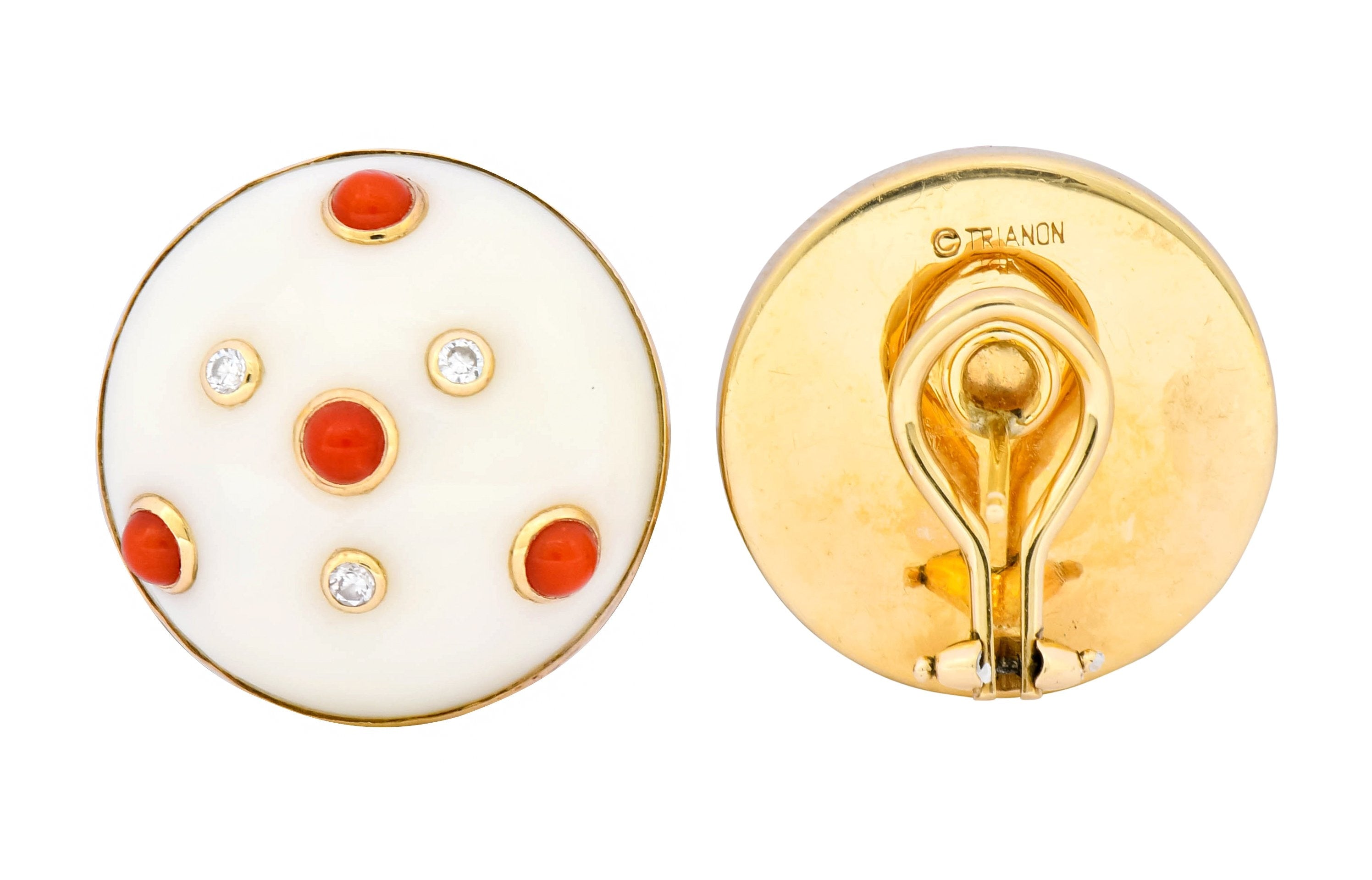 Trianon Vintage Coral Diamond 14 Karat Gold Round Earrings Circa 1990's - Wilson's Estate Jewelry