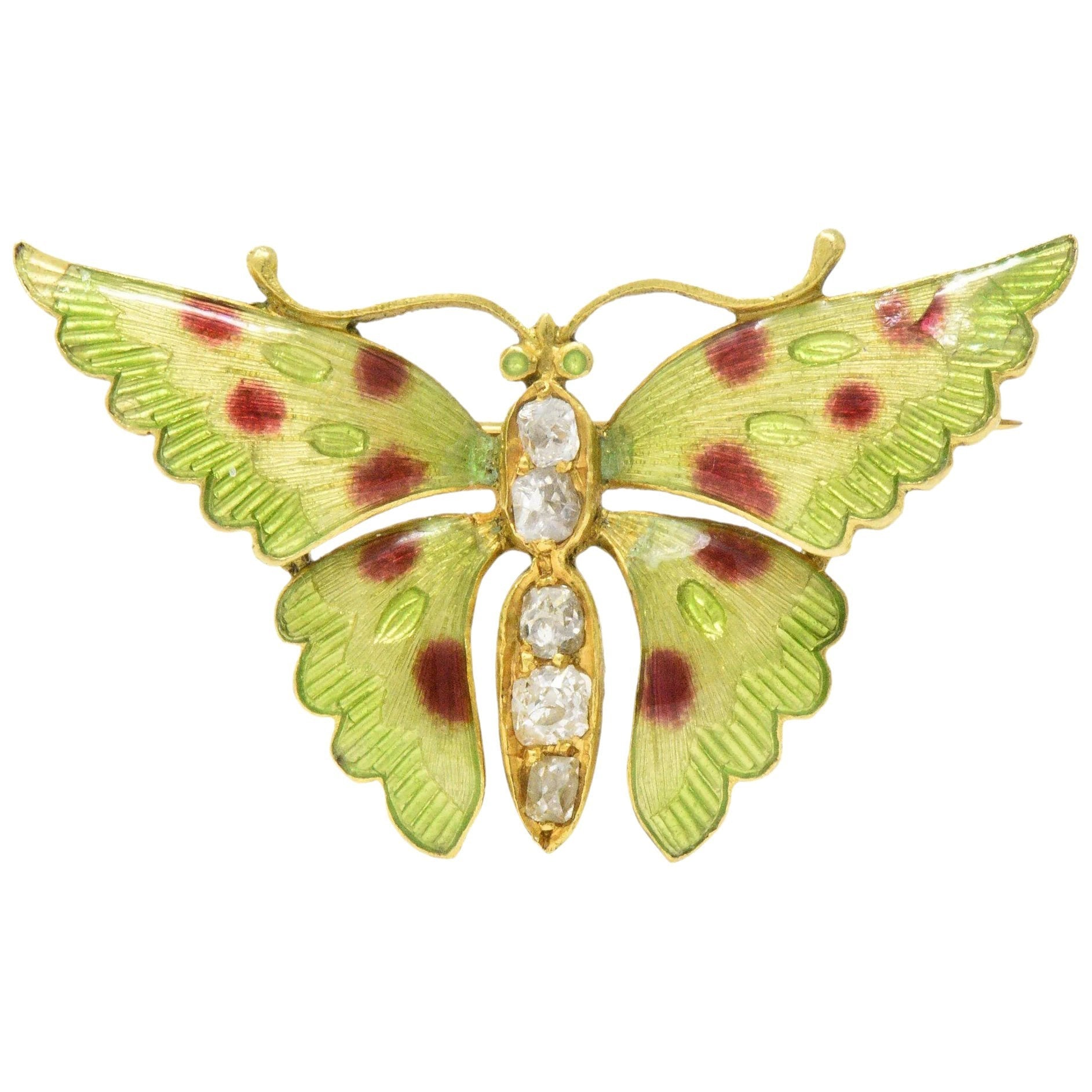 Victorian 0.60 CTW Diamond Enamel 14 Karat Gold Butterfly Brooch Wilson's Estate Jewelry