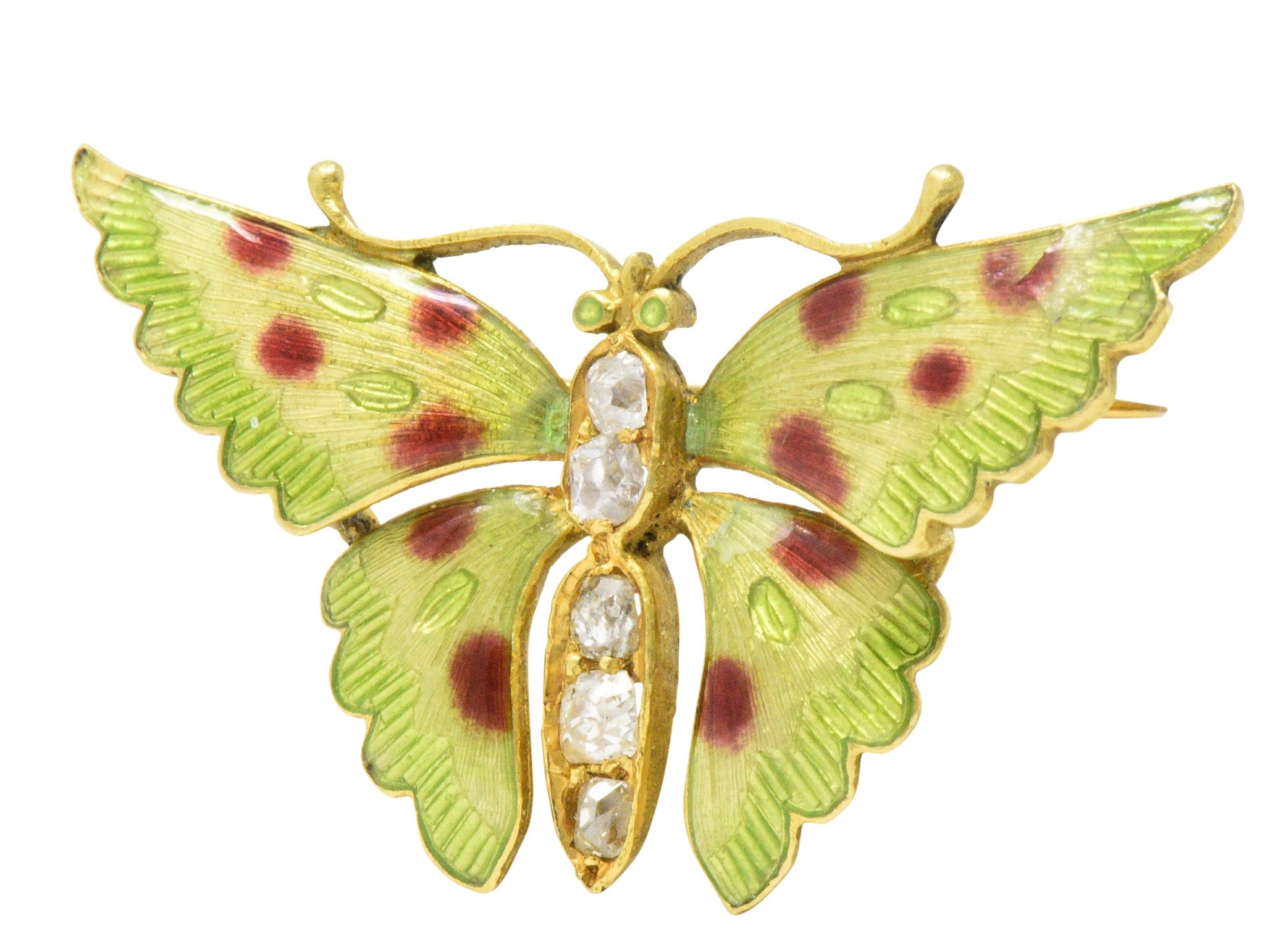 Victorian 0.60 CTW Diamond Enamel 14 Karat Gold Butterfly Brooch Wilson's Estate Jewelry