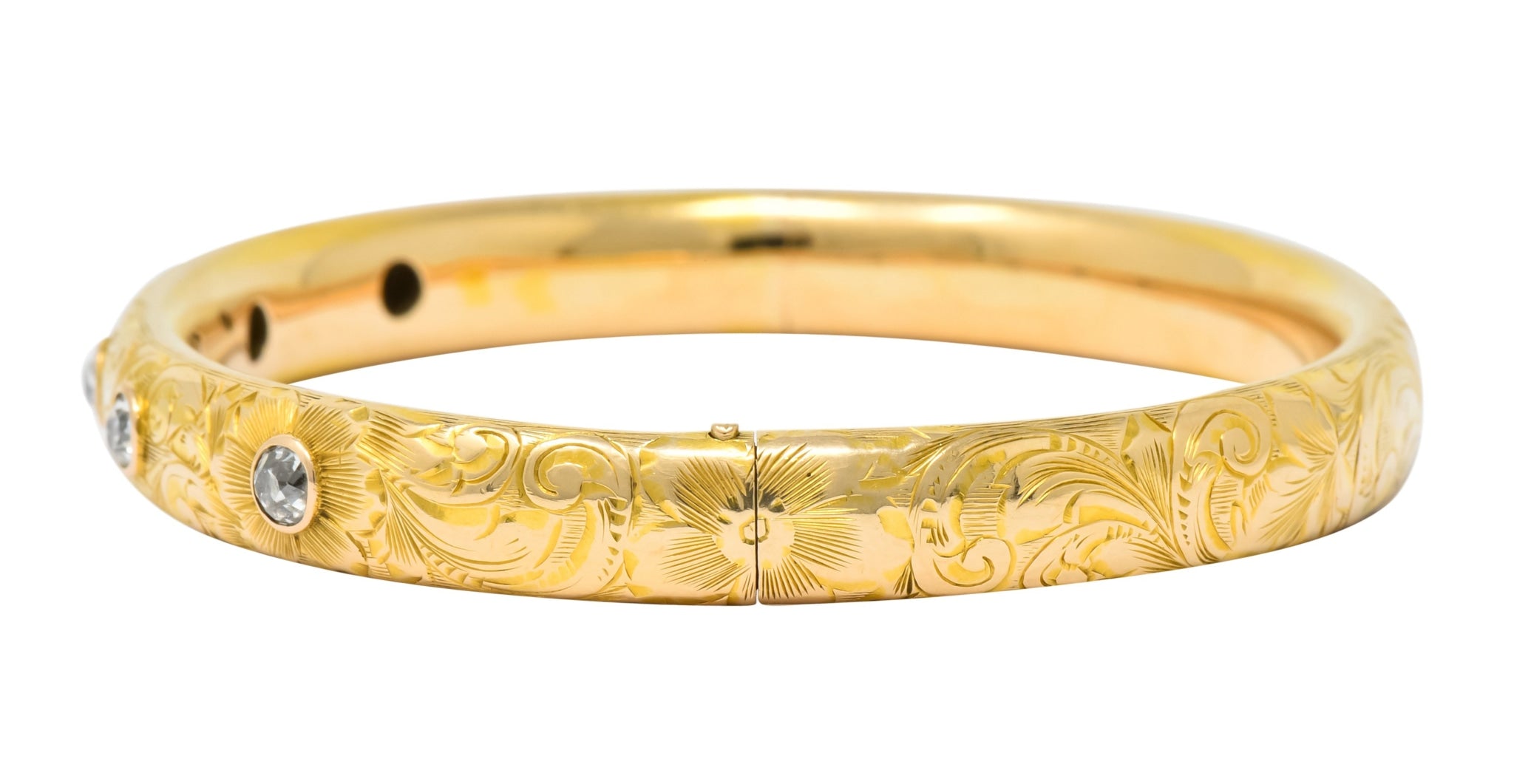 Victorian 1.00 CTW Diamond 14 Karat Gold Floral Bangle Bracelet Circa 1900 - Wilson's Estate Jewelry