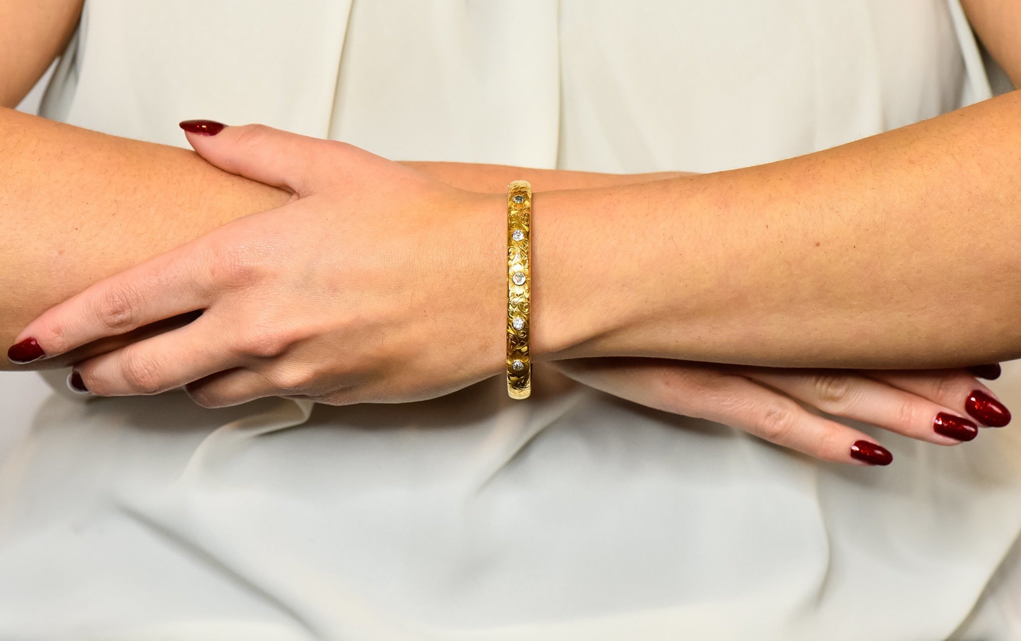 Victorian 1.00 CTW Diamond 14 Karat Gold Floral Bangle Bracelet Circa 1900 - Wilson's Estate Jewelry