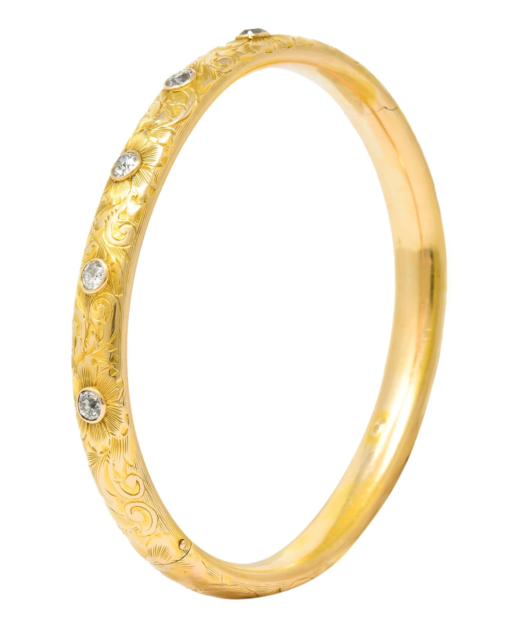 Victorian 1.00 CTW Diamond 14 Karat Gold Floral Bangle Bracelet Circa 1900 - Wilson's Estate Jewelry