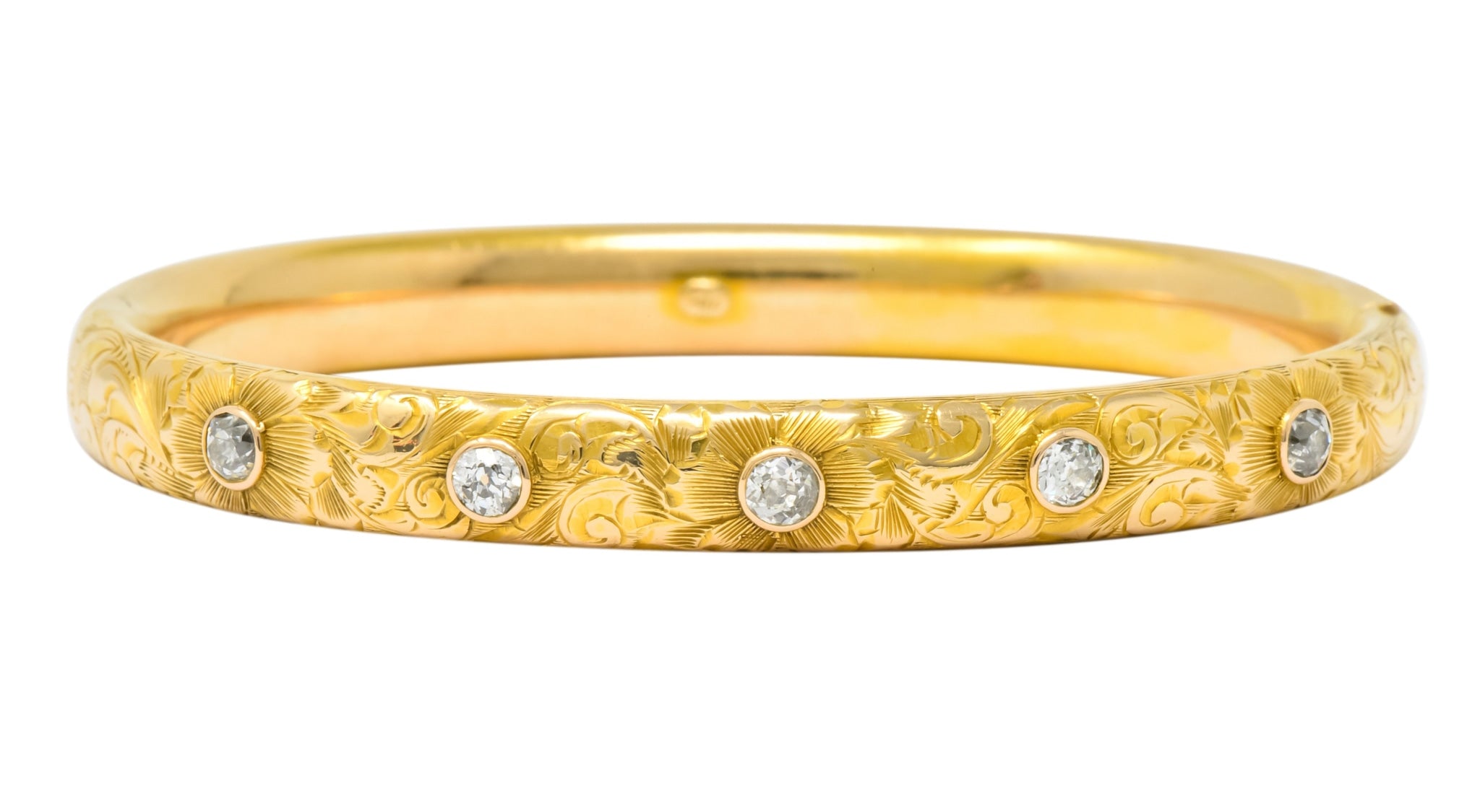 Victorian 1.00 CTW Diamond 14 Karat Gold Floral Bangle Bracelet Circa 1900 - Wilson's Estate Jewelry