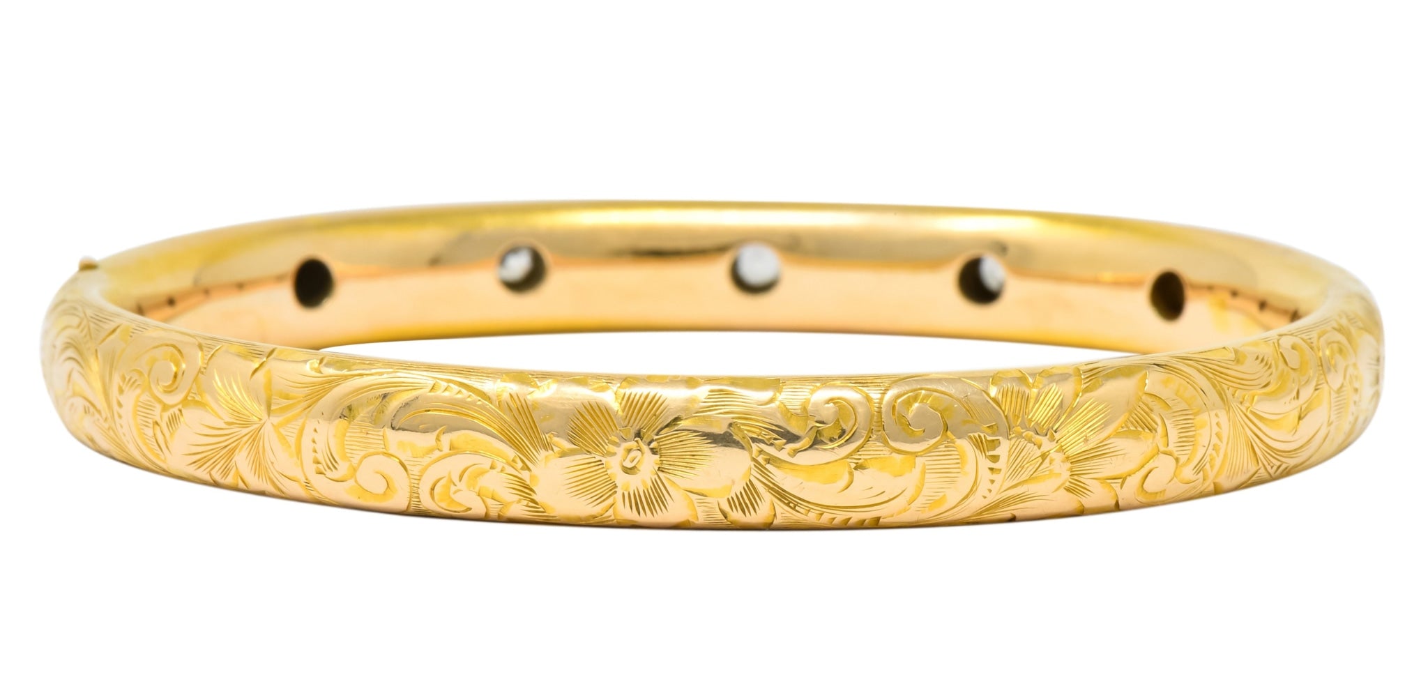 Victorian 1.00 CTW Diamond 14 Karat Gold Floral Bangle Bracelet Circa 1900 - Wilson's Estate Jewelry