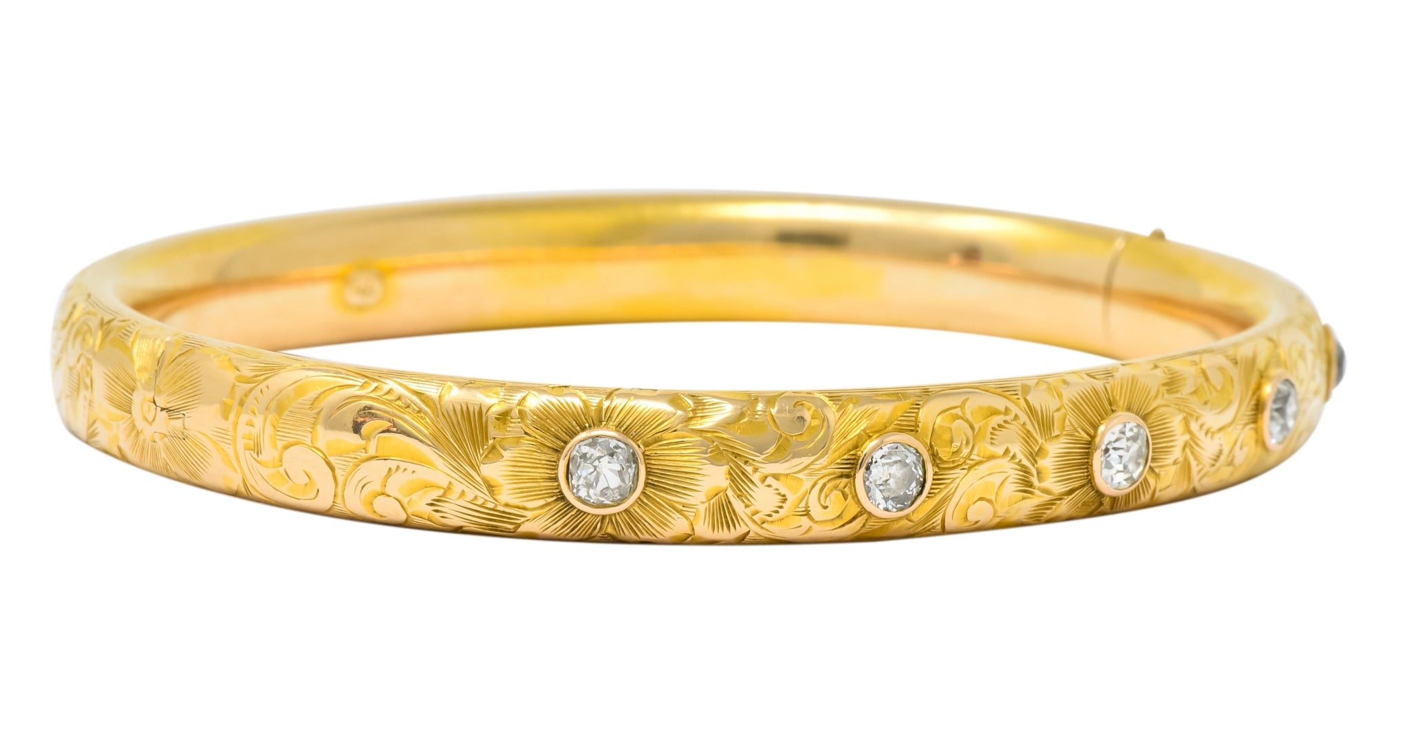 Victorian 1.00 CTW Diamond 14 Karat Gold Floral Bangle Bracelet Circa 1900 - Wilson's Estate Jewelry