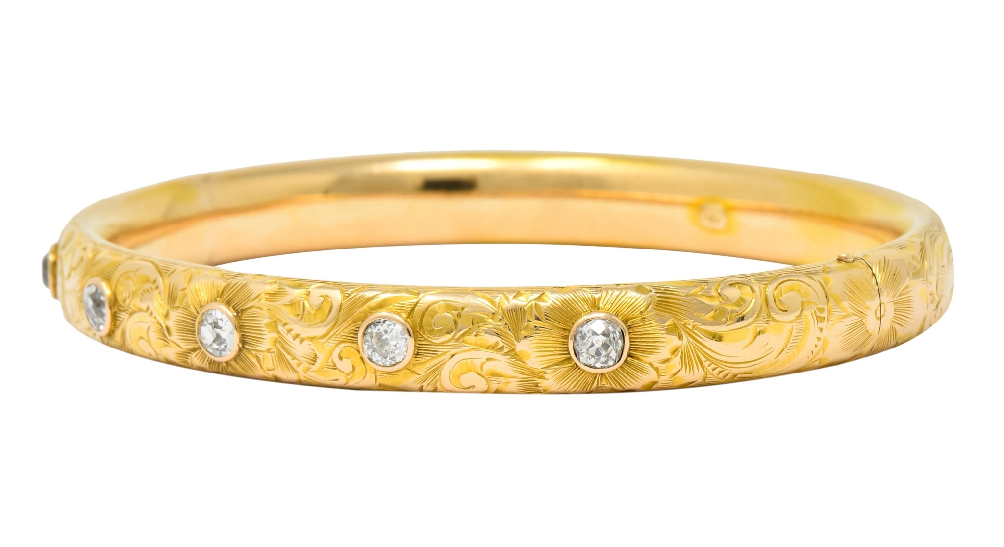 Victorian 1.00 CTW Diamond 14 Karat Gold Floral Bangle Bracelet Circa 1900 - Wilson's Estate Jewelry