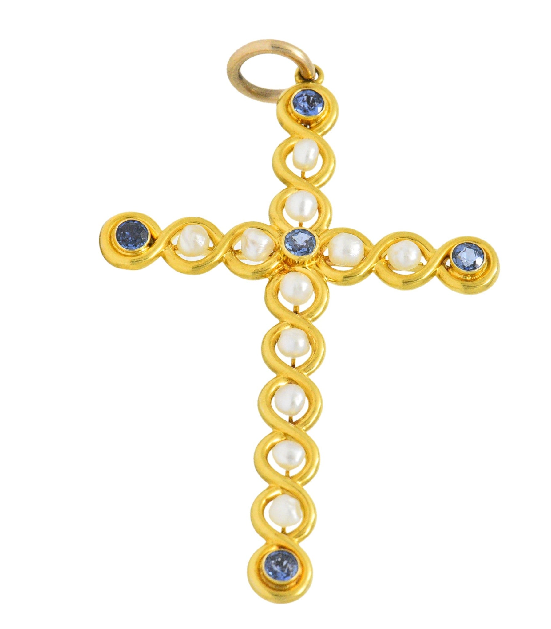 Victorian 1.00 CTW Sapphire Natural Pearl 14 Karat Gold Cross Pendant Wilson's Estate Jewelry