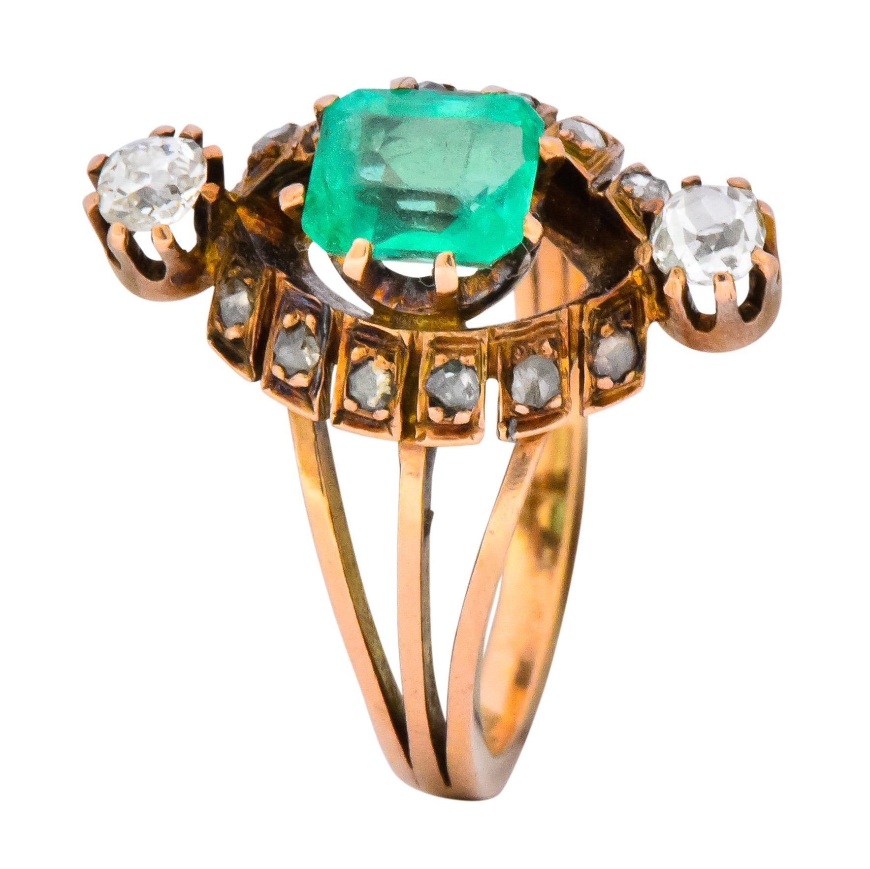 Victorian 1.25 CTW Emerald Diamond 14 Karat Rose Gold Halo Ring Wilson's Estate Jewelry
