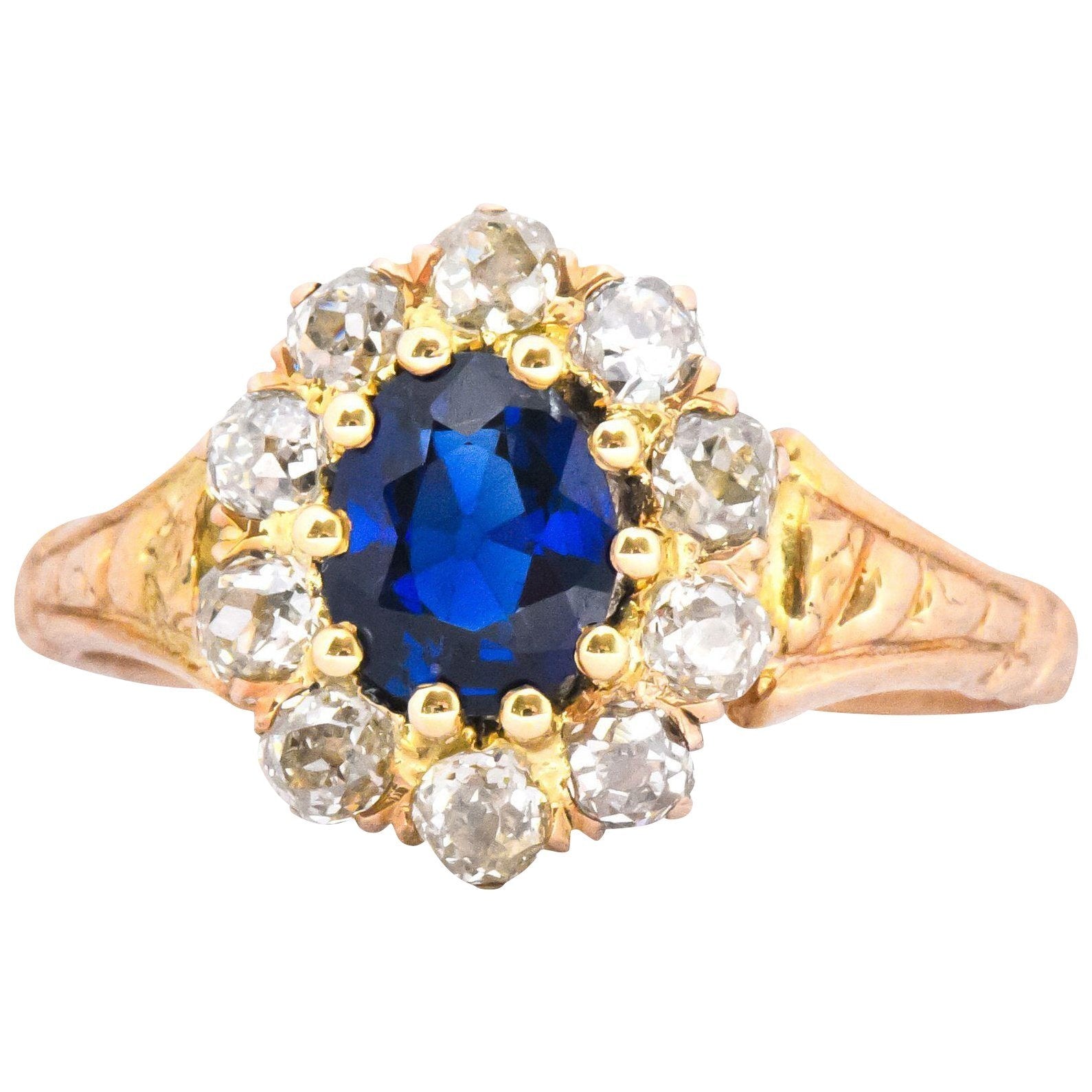 Victorian 1.57 CTW Sapphire Old Mine Cut Diamond 14 Karat Gold Cluster Ring Wilson's Estate Jewelry
