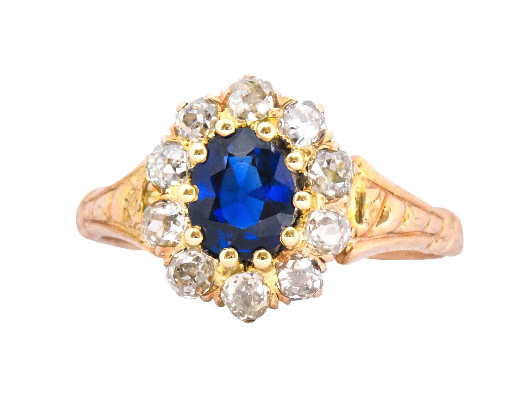 Victorian 1.57 CTW Sapphire Old Mine Cut Diamond 14 Karat Gold Cluster Ring Wilson's Estate Jewelry