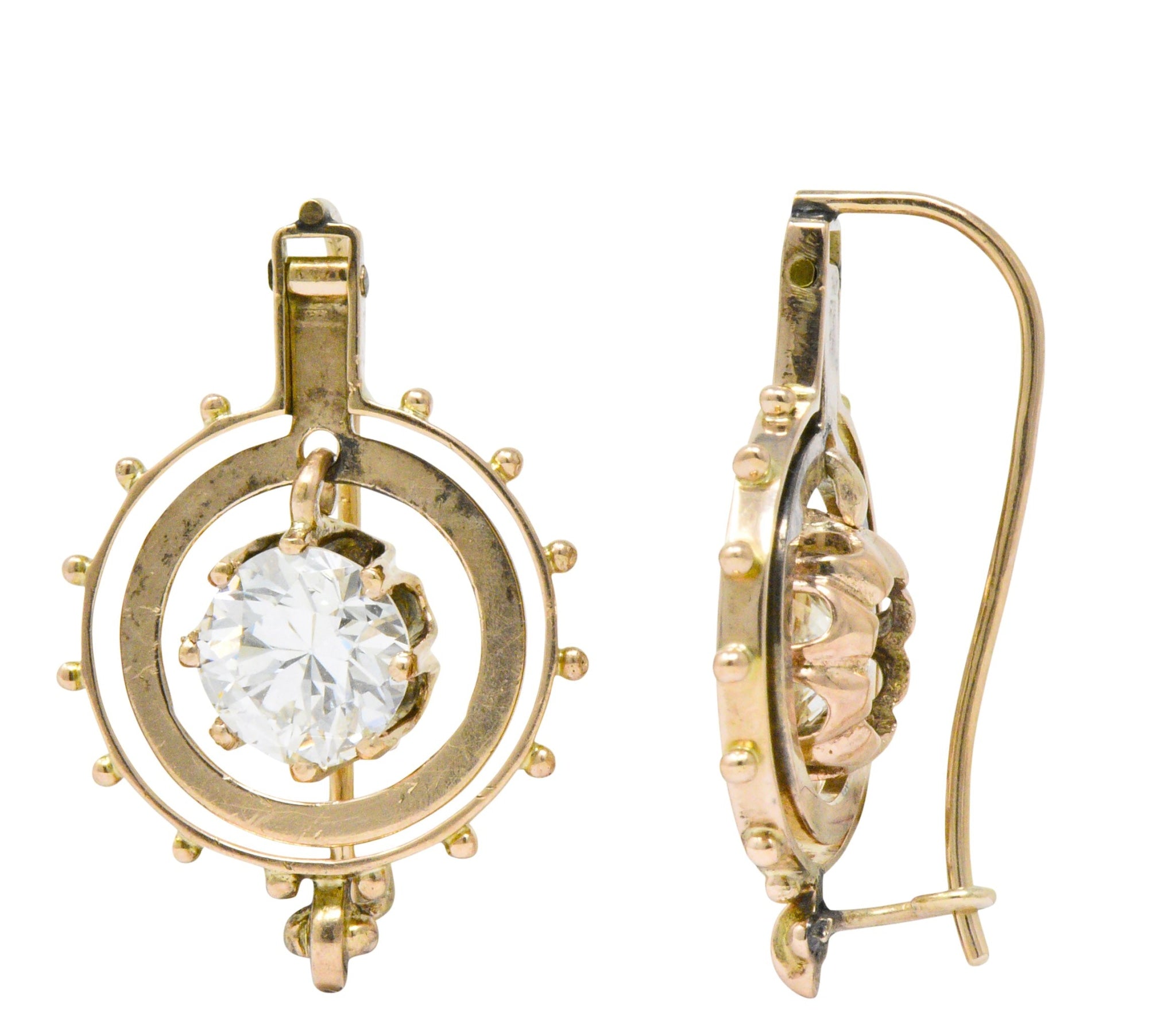 Victorian 1.95 CTW Diamond 14 Karat Rose Gold Drop Earrings GIA Wilson's Estate Jewelry