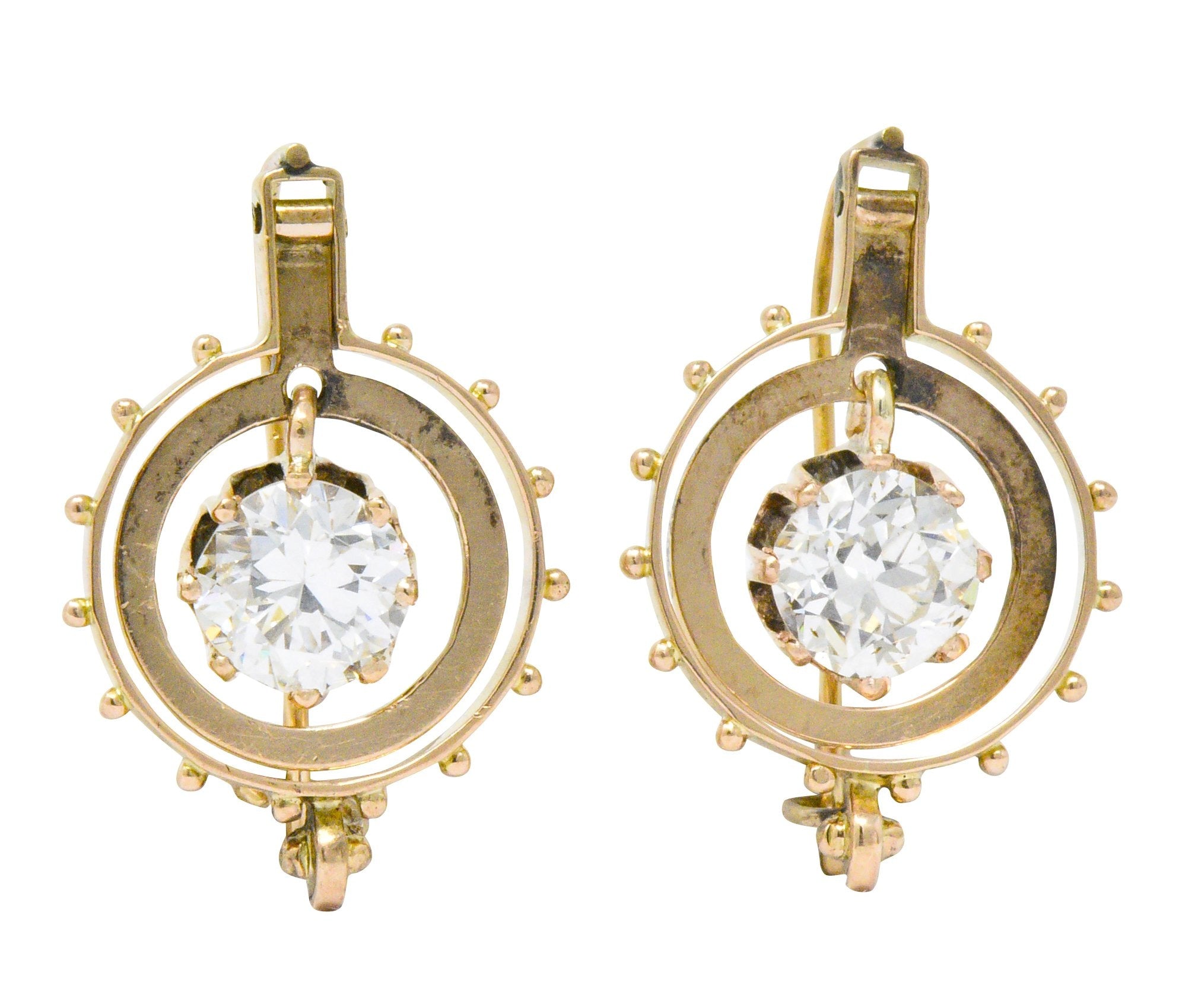 Victorian 1.95 CTW Diamond 14 Karat Rose Gold Drop Earrings GIA Wilson's Estate Jewelry