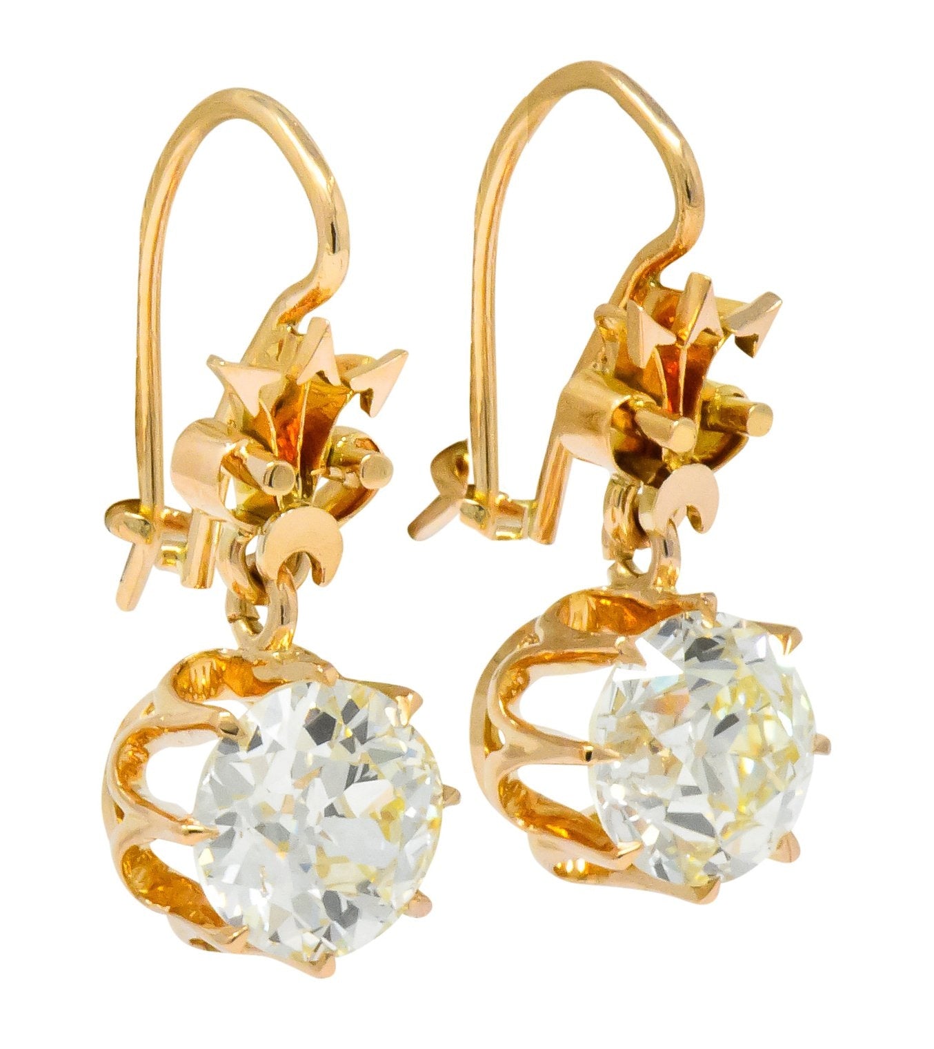 Victorian 5.06 CTW Old European Cut Diamond Drop 14 Karat Gold Earrings GIA - Wilson's Estate Jewelry