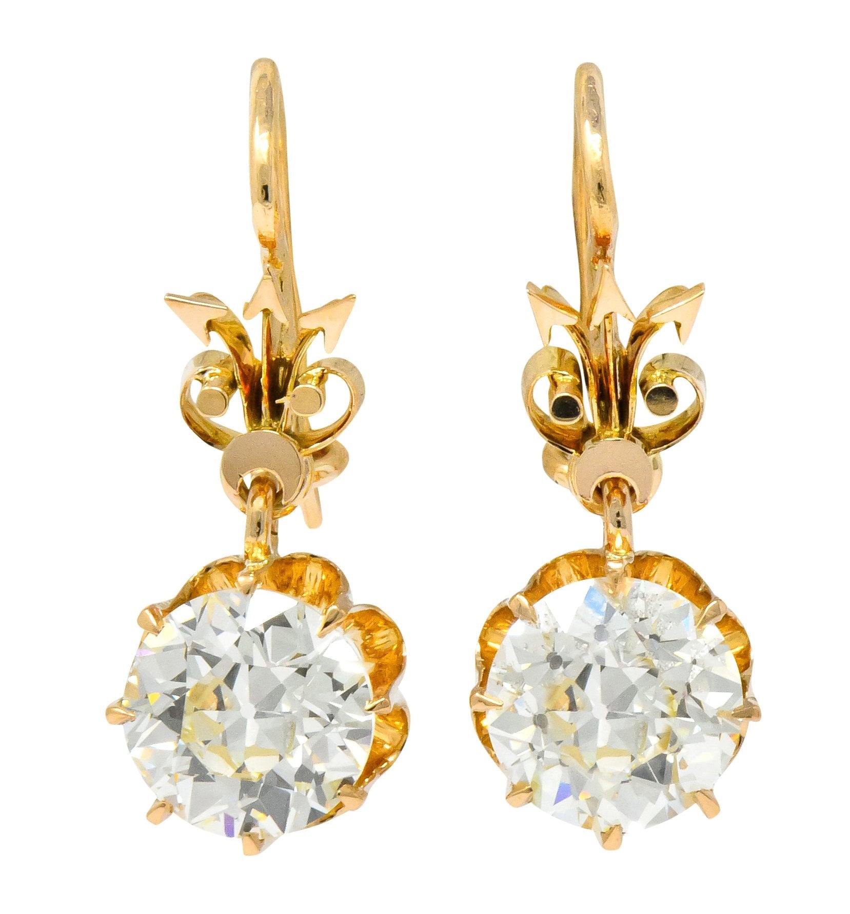 Victorian 5.06 CTW Old European Cut Diamond Drop 14 Karat Gold Earrings GIA - Wilson's Estate Jewelry