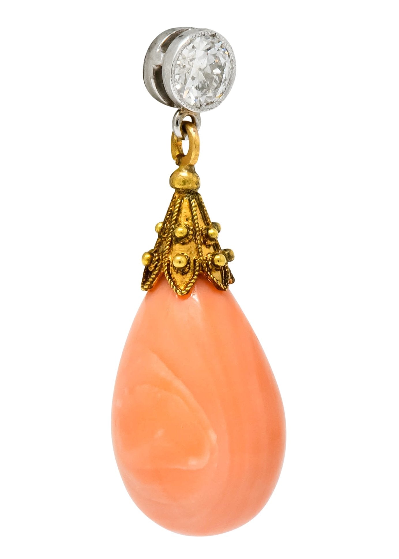 Victorian Diamond Coral Platinum 14 Karat Gold Drop Earrings - Wilson's Estate Jewelry
