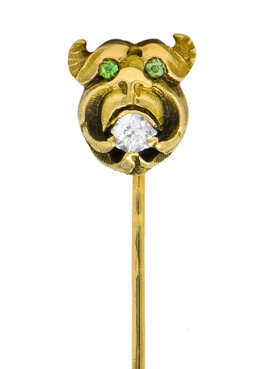 Victorian Diamond Demantoid Garnet 14 Karat Gargoyle Stickpin - Wilson's Estate Jewelry