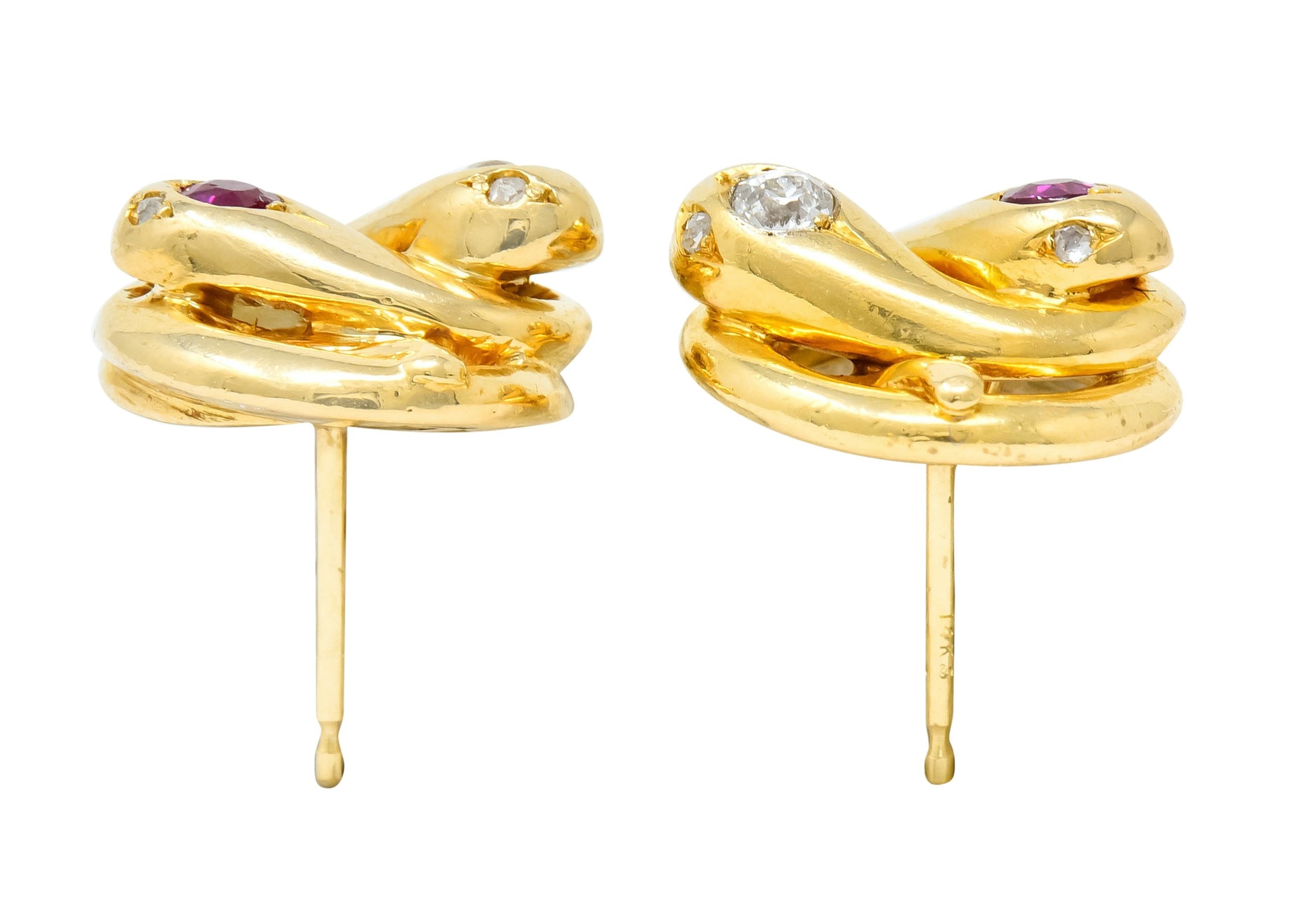 Victorian Diamond Ruby 18 Karat Yellow Gold Winding Snake Stud Earrings - Wilson's Estate Jewelry