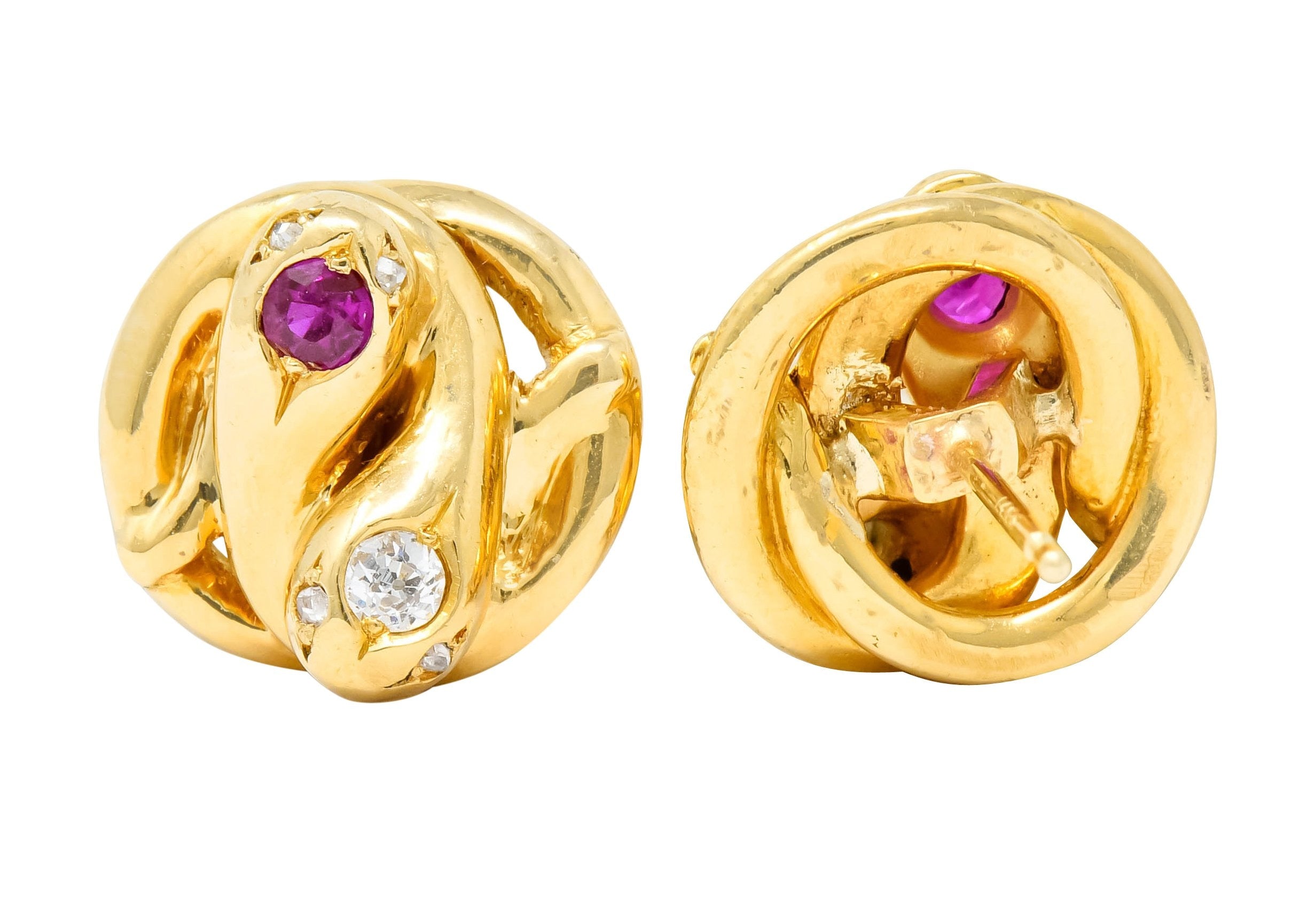 Victorian Diamond Ruby 18 Karat Yellow Gold Winding Snake Stud Earrings - Wilson's Estate Jewelry