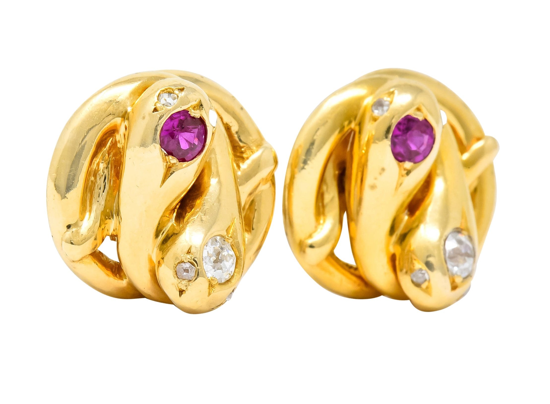 Victorian Diamond Ruby 18 Karat Yellow Gold Winding Snake Stud Earrings - Wilson's Estate Jewelry