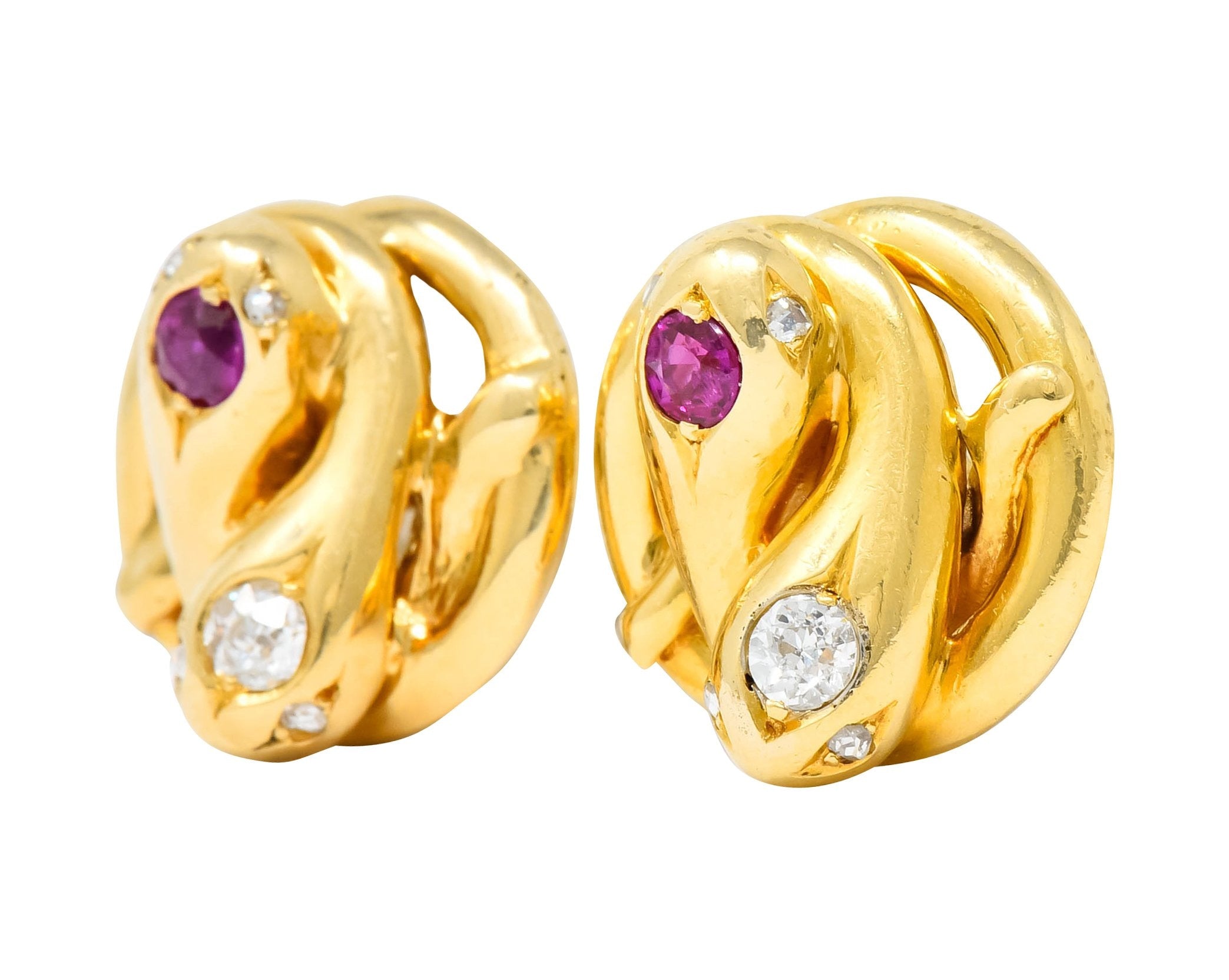 Victorian Diamond Ruby 18 Karat Yellow Gold Winding Snake Stud Earrings - Wilson's Estate Jewelry