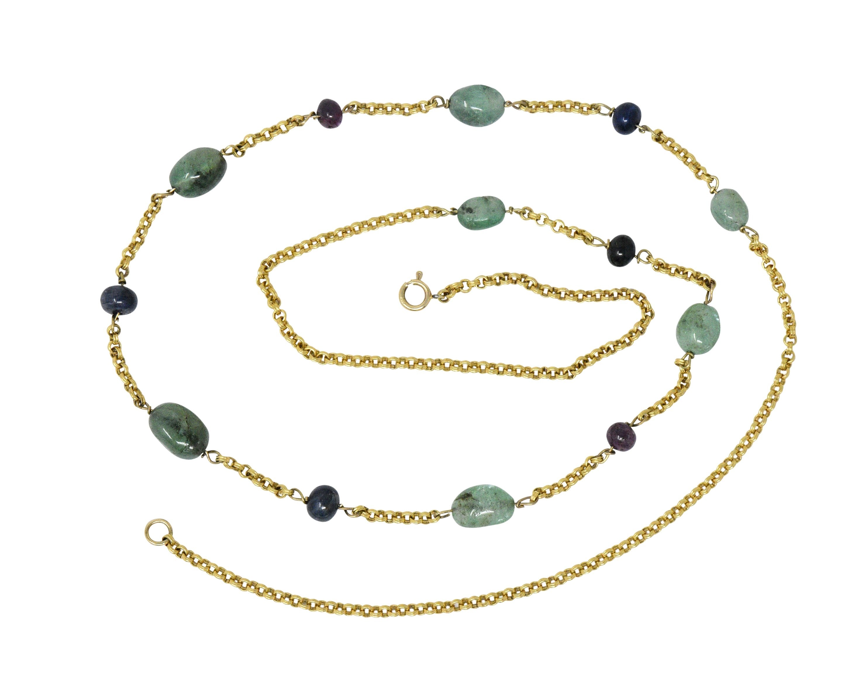 Victorian Emerald Sapphire Ruby 14 Karat Gold 27 Inch Station Necklace Wilson's Estate Jewelry