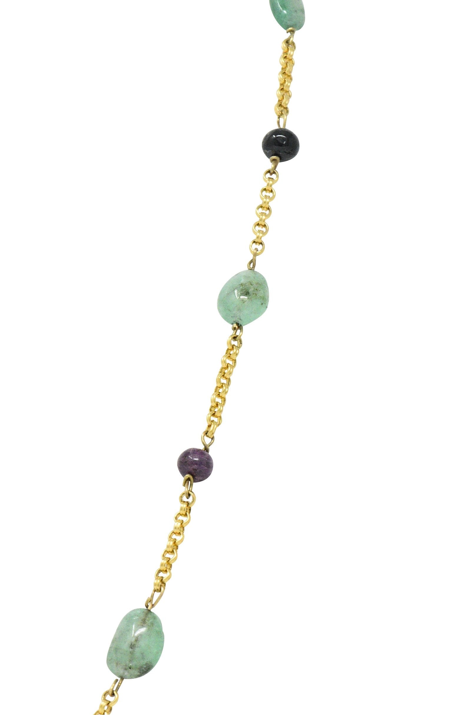 Victorian Emerald Sapphire Ruby 14 Karat Gold 27 Inch Station Necklace Wilson's Estate Jewelry