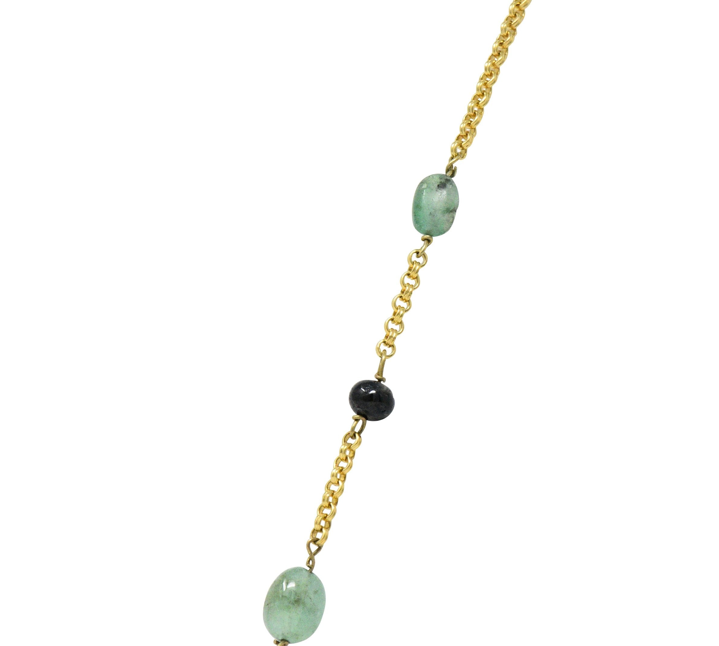 Victorian Emerald Sapphire Ruby 14 Karat Gold 27 Inch Station Necklace Wilson's Estate Jewelry