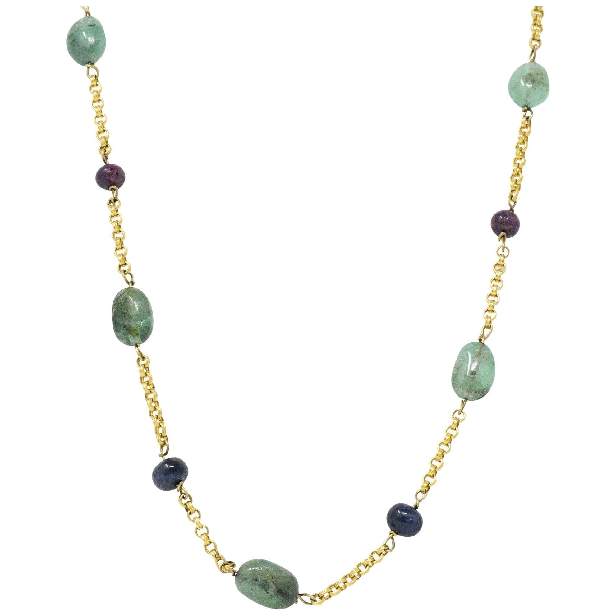 Victorian Emerald Sapphire Ruby 14 Karat Gold 27 Inch Station Necklace Wilson's Estate Jewelry