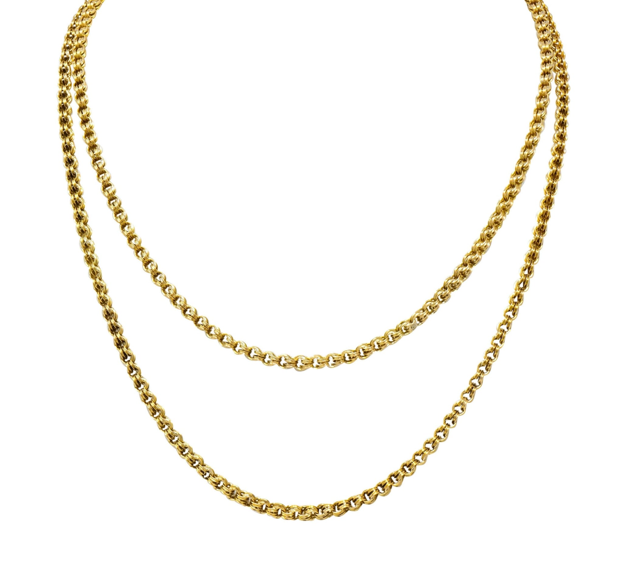 Victorian Enamel 10 Karat Gold Barrel Clasp Long Chain Necklace - Wilson's Estate Jewelry