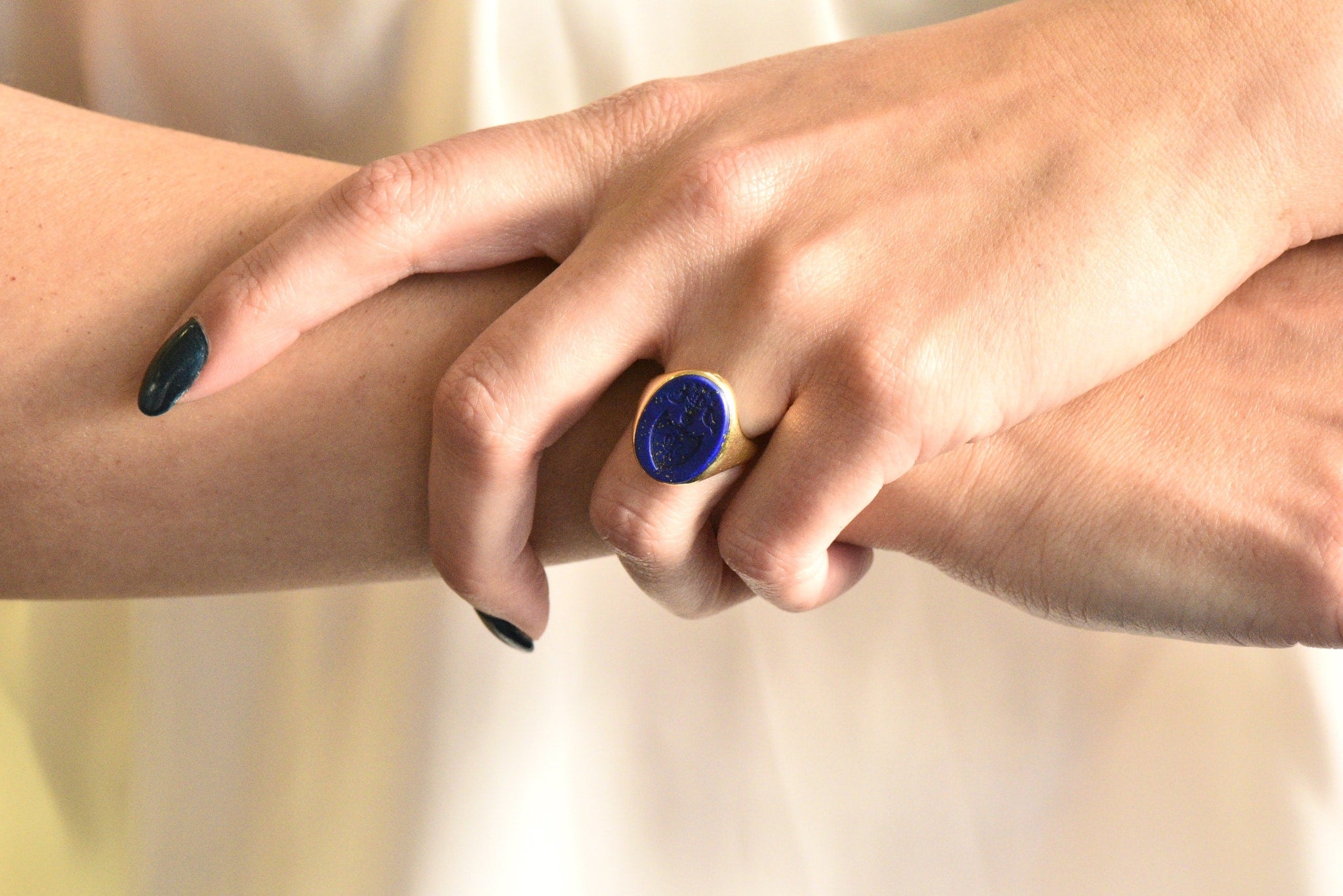 Victorian French Lapis Lazuli Intaglio 18 Karat Gold Signet Ring Wilson's Estate Jewelry