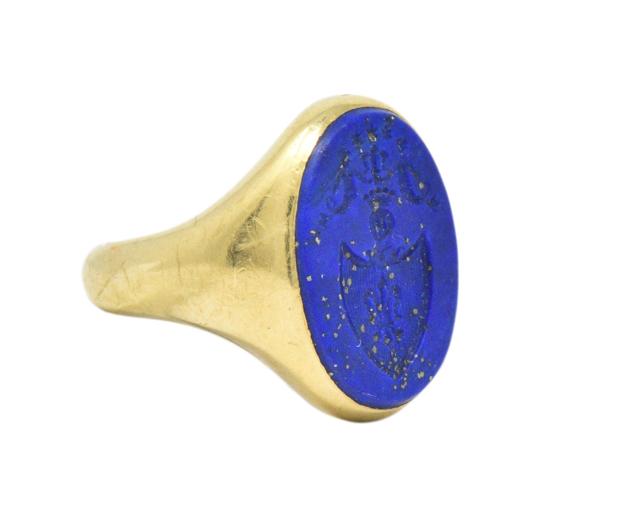 Victorian French Lapis Lazuli Intaglio 18 Karat Gold Signet Ring Wilson's Estate Jewelry