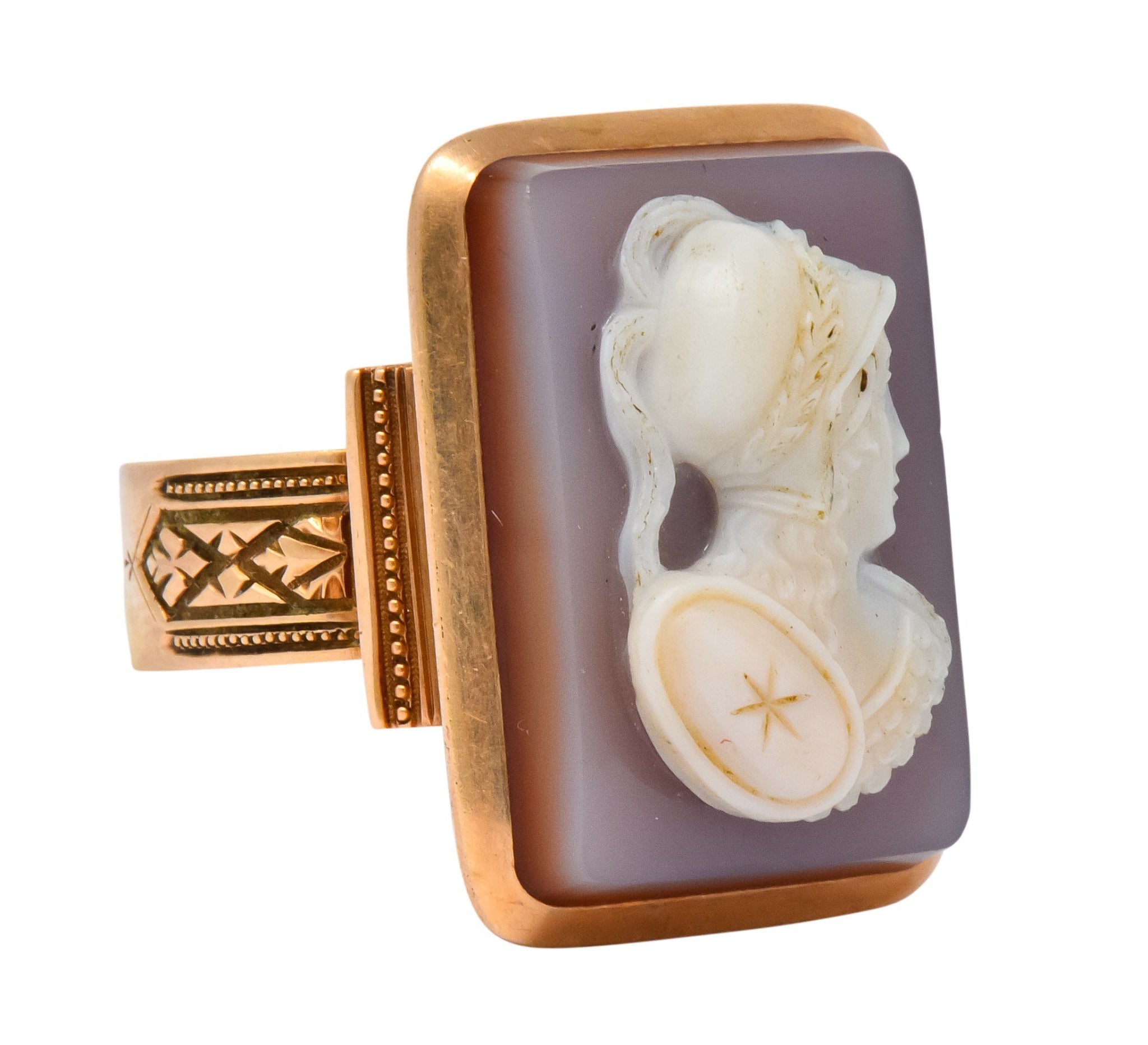 Victorian Hardstone 14 Karat Rose Gold Athena Cameo Ring - Wilson's Estate Jewelry
