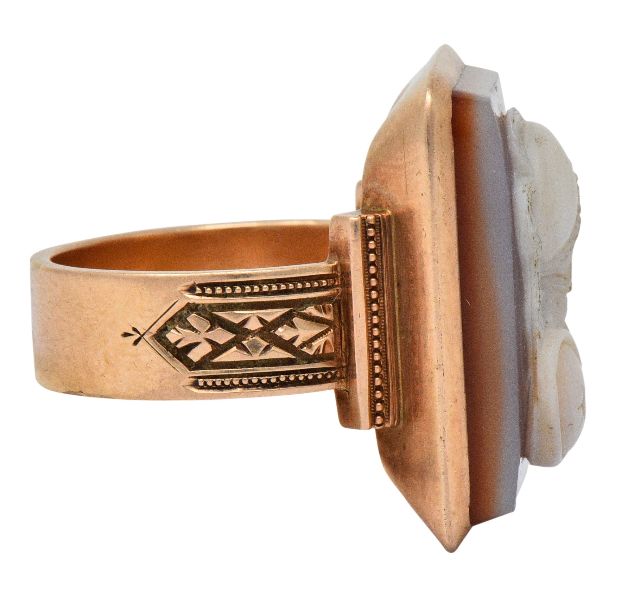 Victorian Hardstone 14 Karat Rose Gold Athena Cameo Ring - Wilson's Estate Jewelry