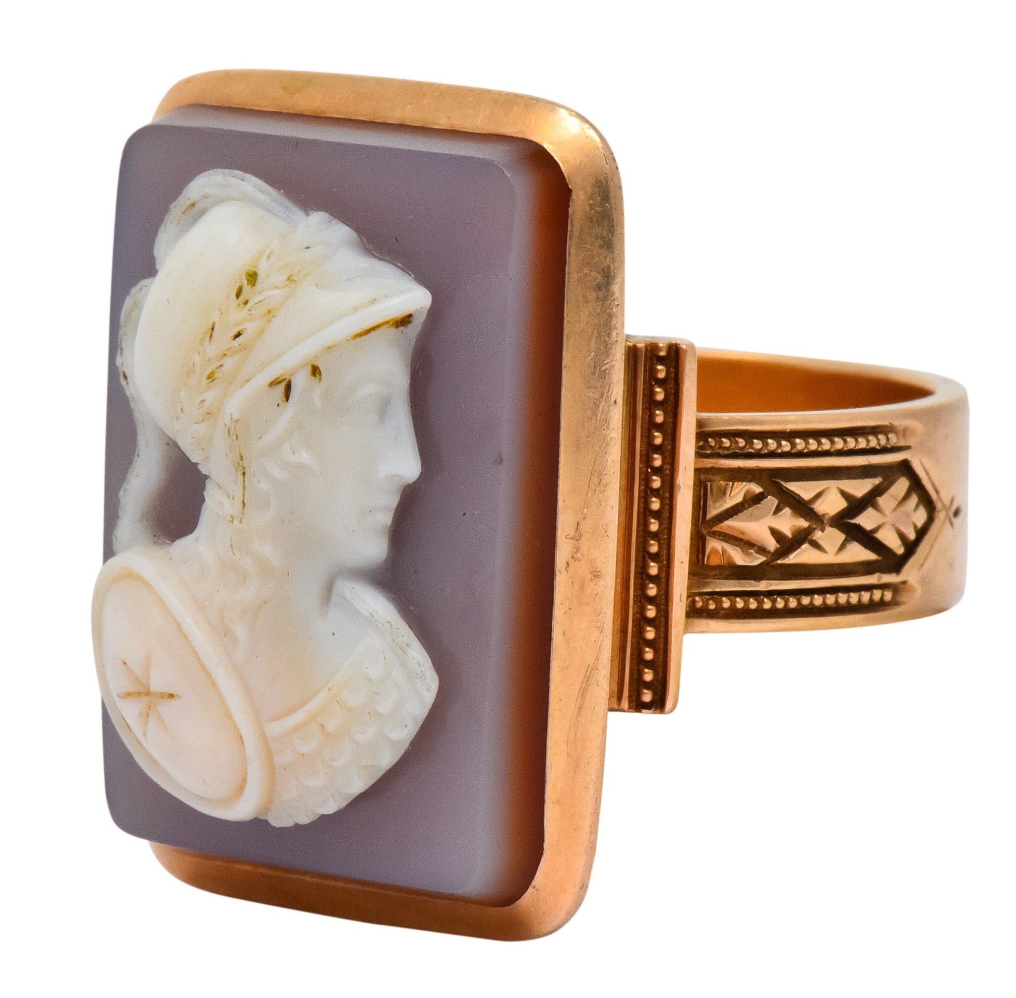 Victorian Hardstone 14 Karat Rose Gold Athena Cameo Ring - Wilson's Estate Jewelry