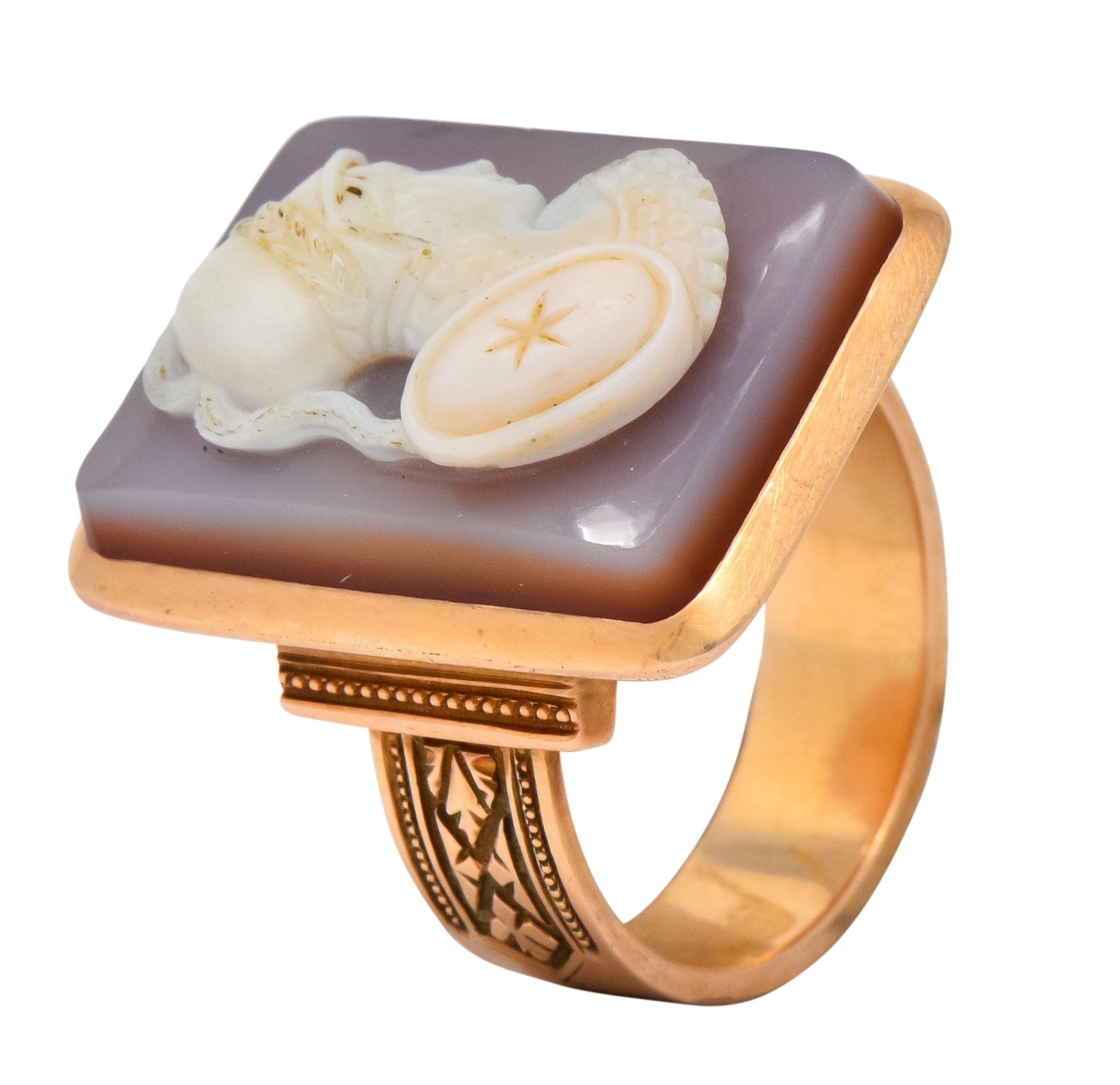 Victorian Hardstone 14 Karat Rose Gold Athena Cameo Ring - Wilson's Estate Jewelry