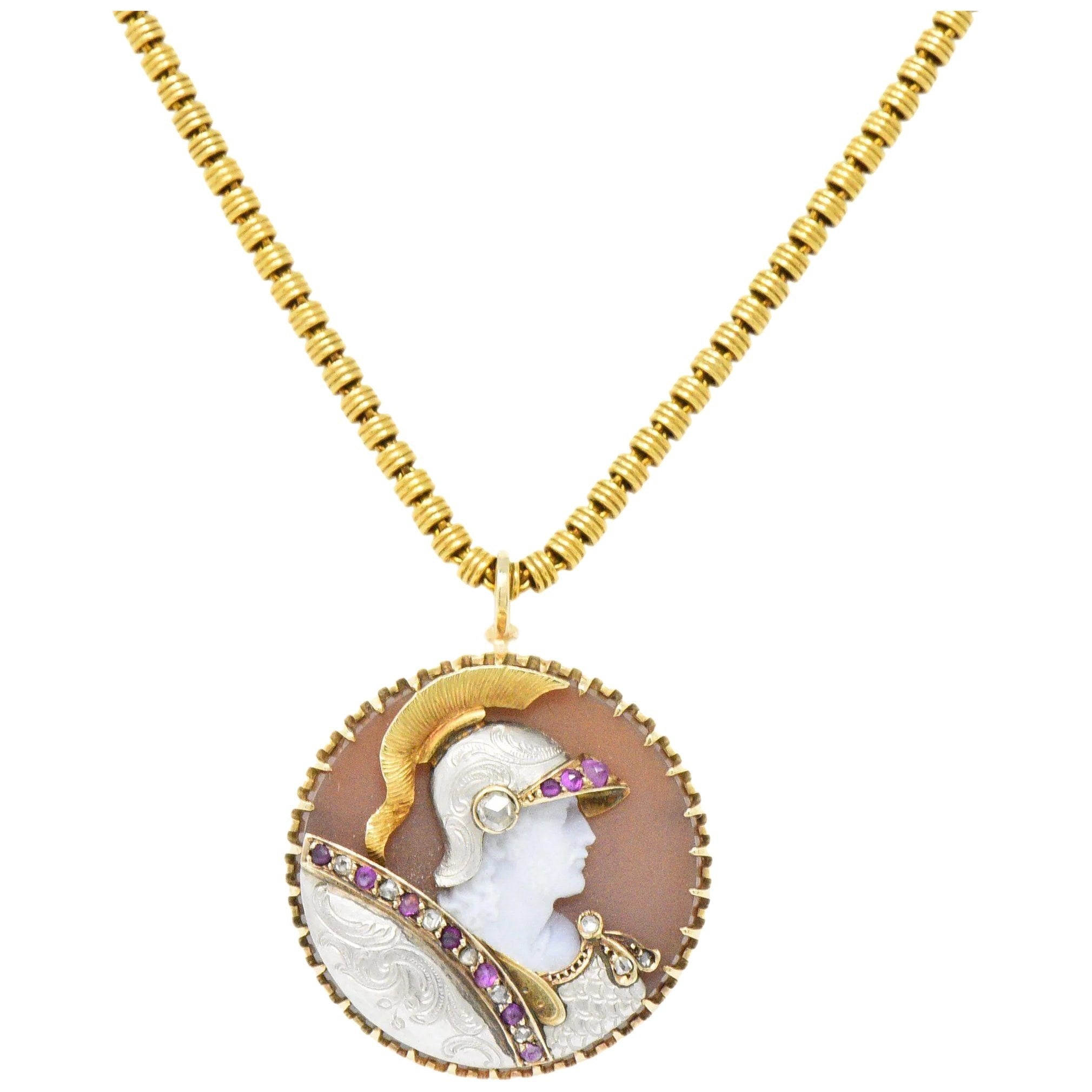 Victorian Hardstone Diamond Ruby Gold Roman Soldier Cameo Pendant Necklace Wilson's Estate Jewelry