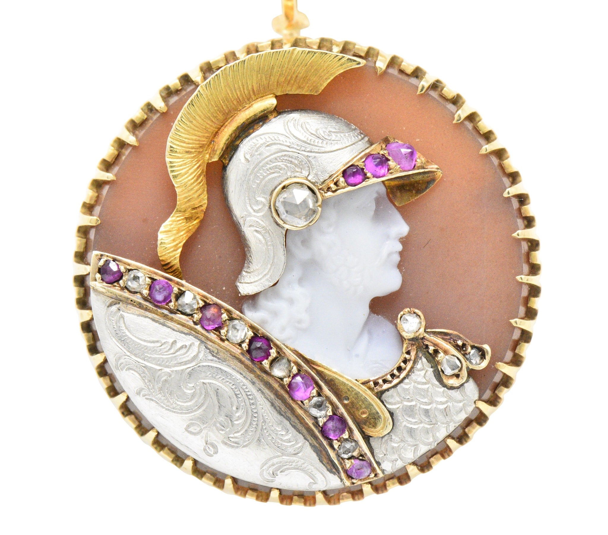 Victorian Hardstone Diamond Ruby Gold Roman Soldier Cameo Pendant Necklace Wilson's Estate Jewelry