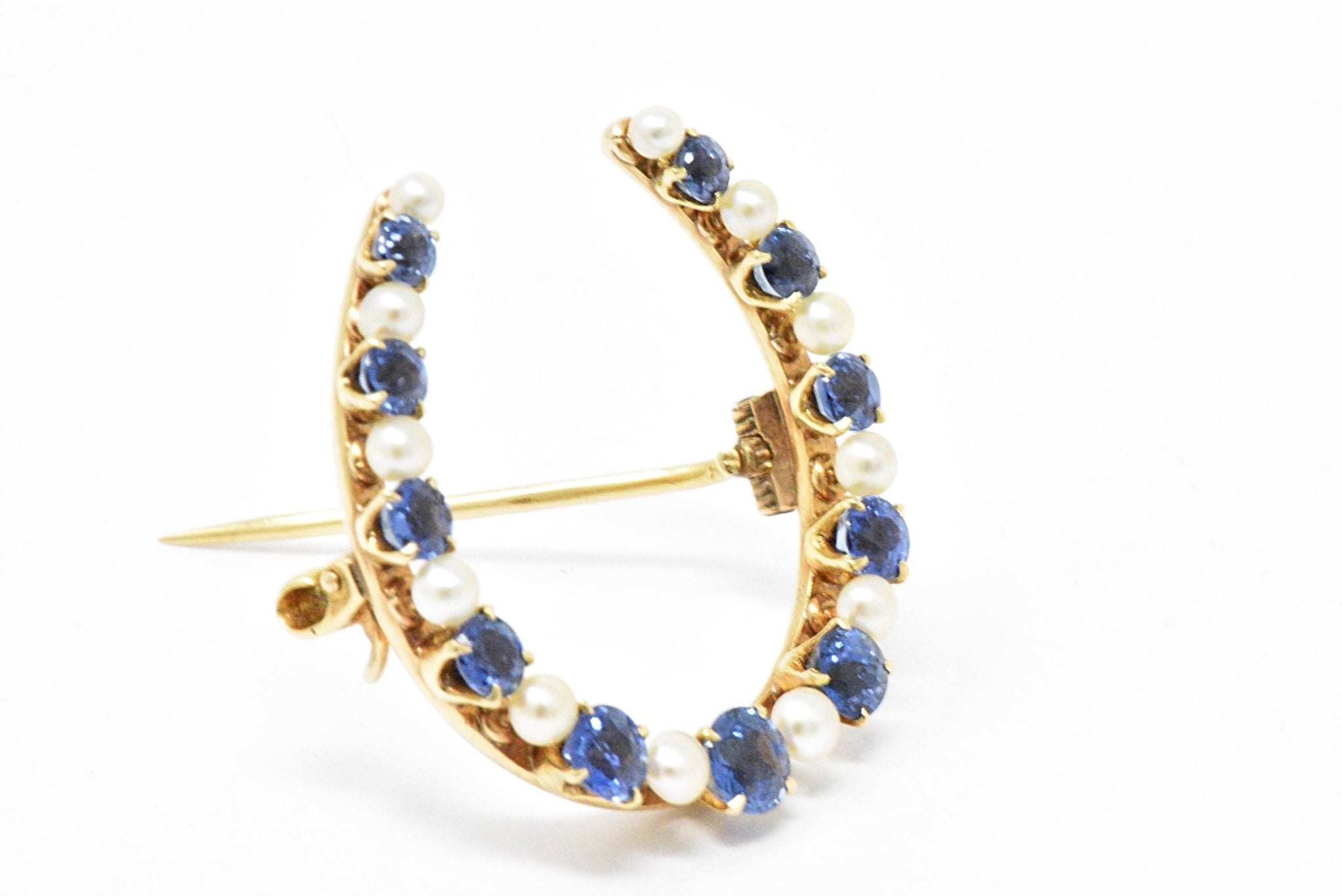 Victorian Montana Sapphire and Natural Pearl 14K Yellow Gold Horseshoe Pin Brooch Wilson's Estate Jewelry