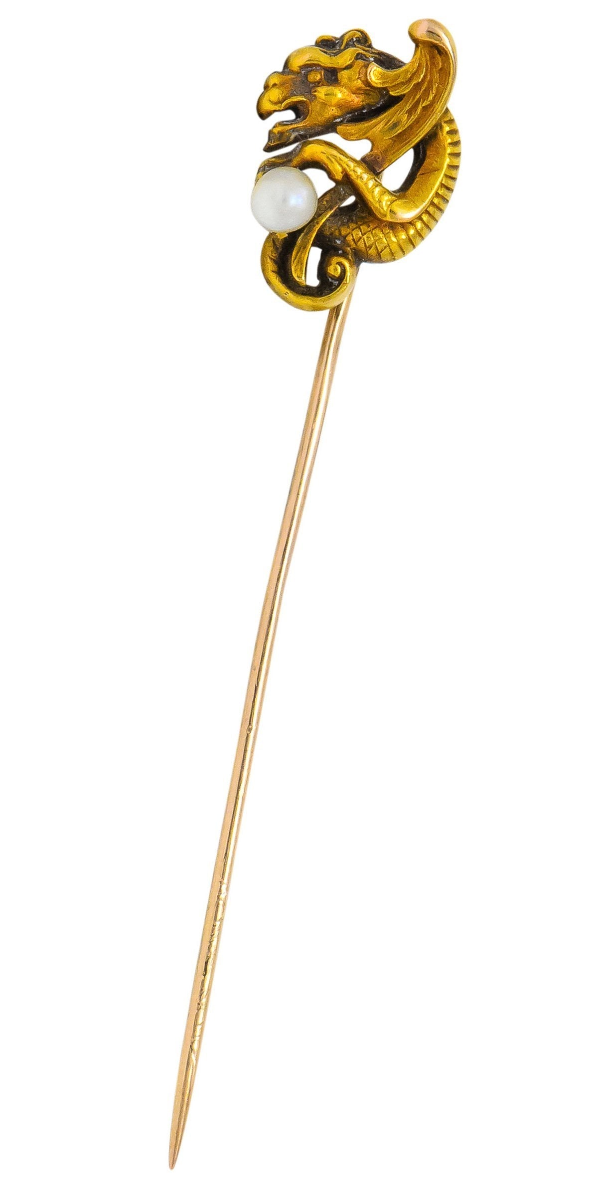 Victorian Pearl 14 Karat Gold Gargoyle Stickpin - Wilson's Estate Jewelry
