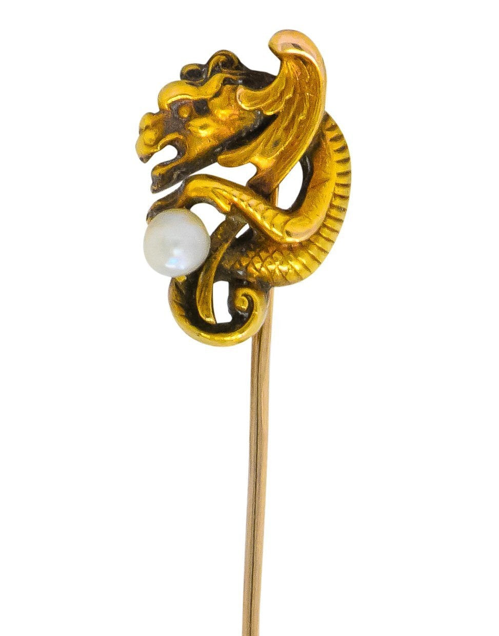 Victorian Pearl 14 Karat Gold Gargoyle Stickpin - Wilson's Estate Jewelry