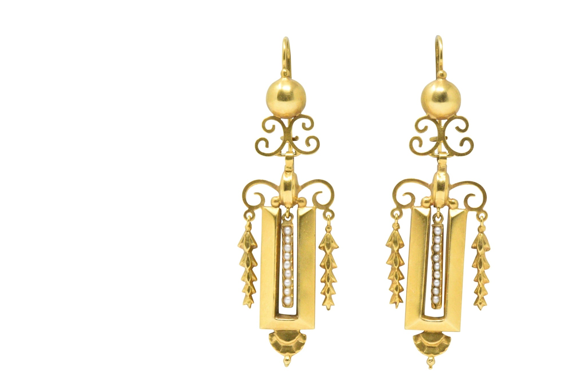 Victorian Seed Pearl & 14K Gold Drop Earrings, CA 1890 Wilson's Estate Jewelry