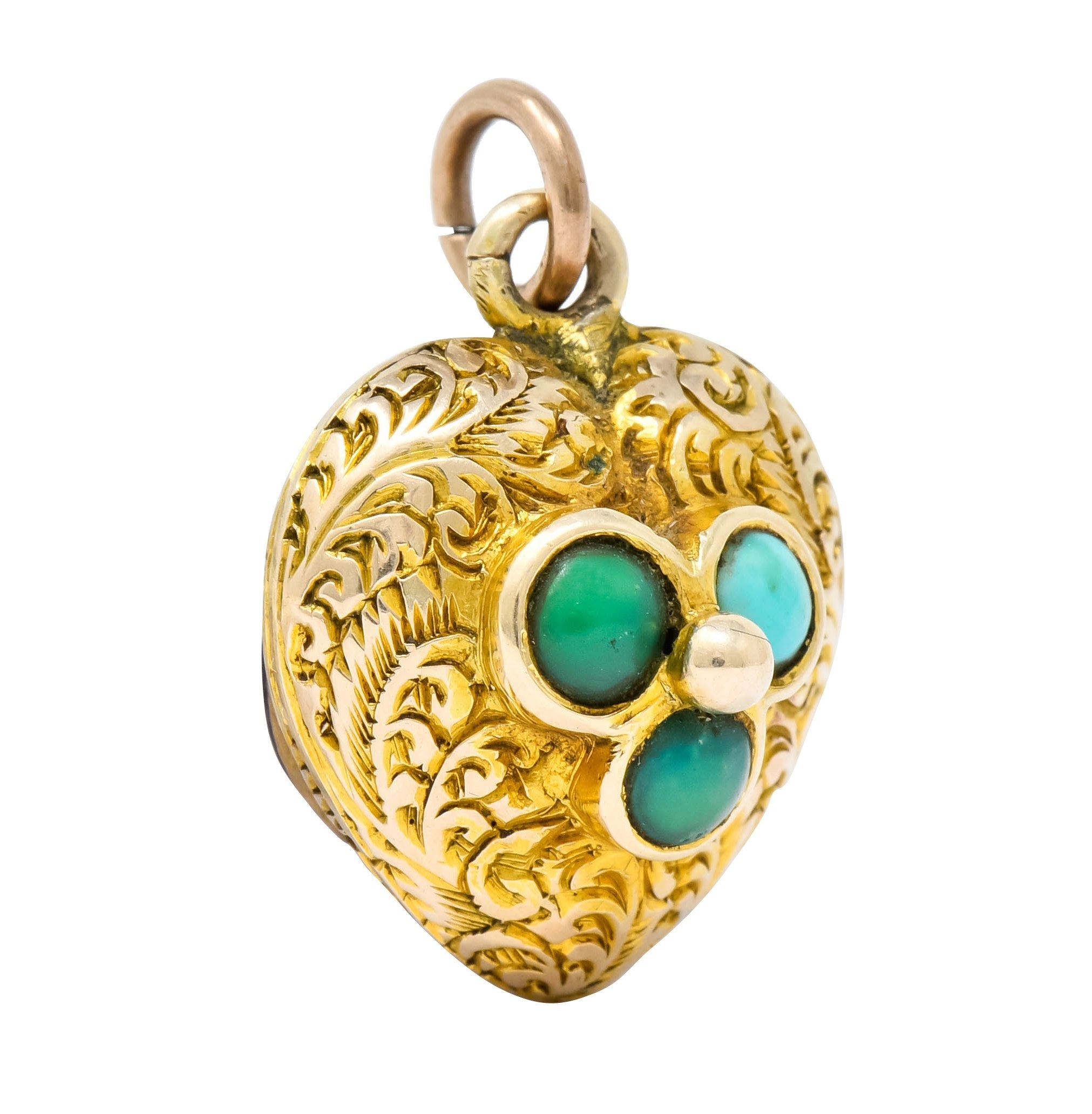 Victorian Turquoise 10 Karat Yellow Gold Engraved Heart Charm - Wilson's Estate Jewelry