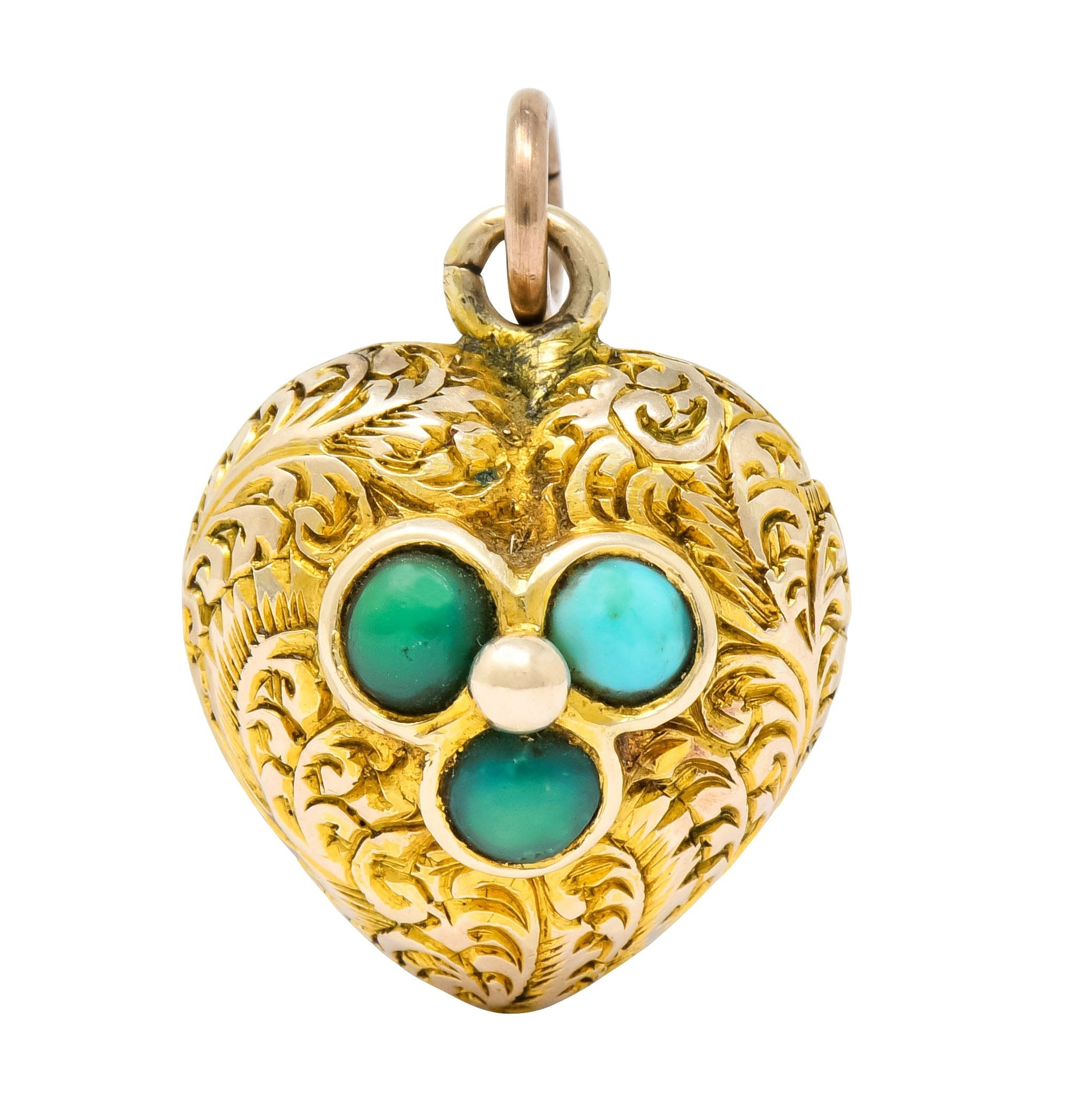 Victorian Turquoise 10 Karat Yellow Gold Engraved Heart Charm - Wilson's Estate Jewelry