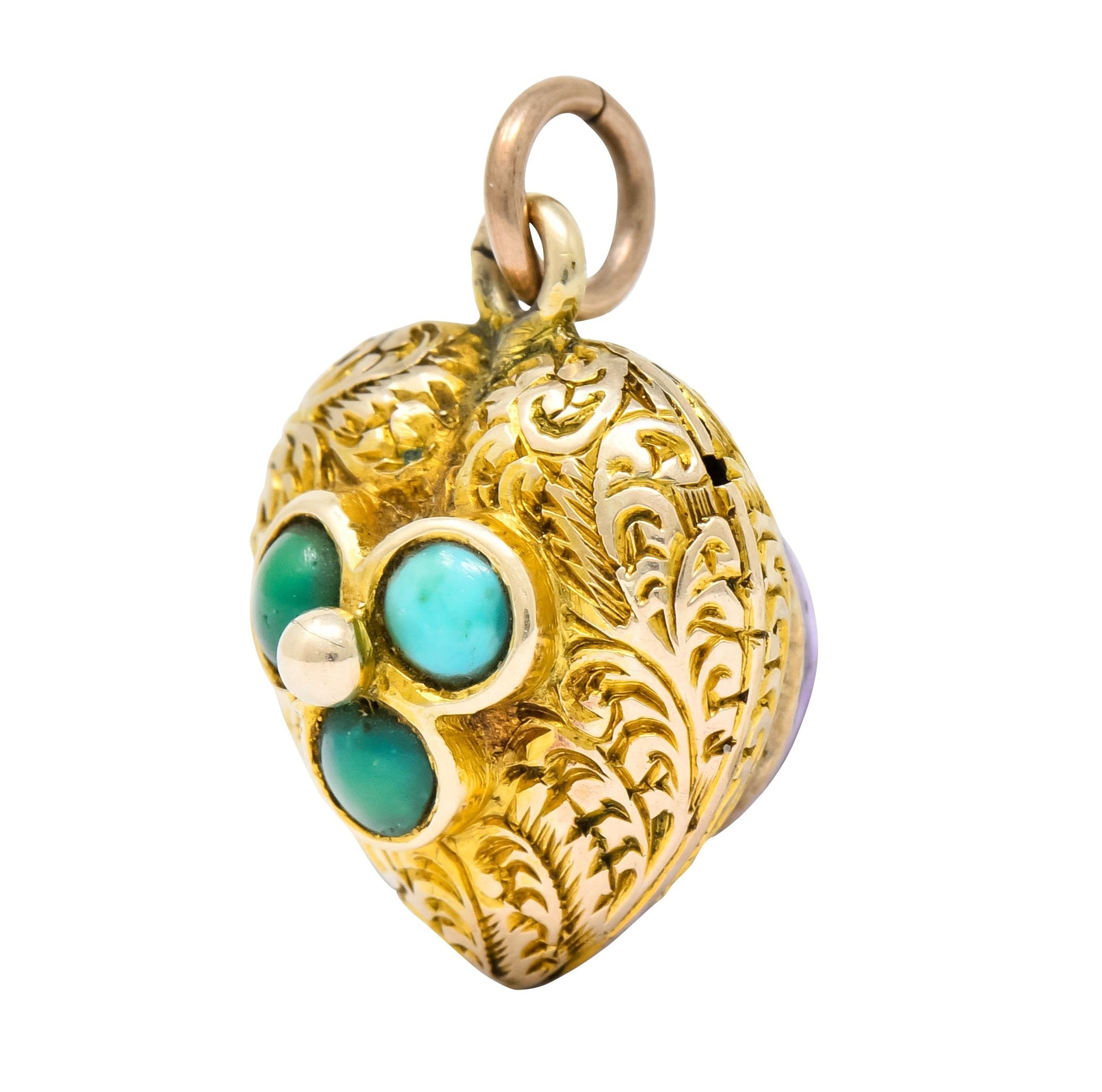 Victorian Turquoise 10 Karat Yellow Gold Engraved Heart Charm - Wilson's Estate Jewelry