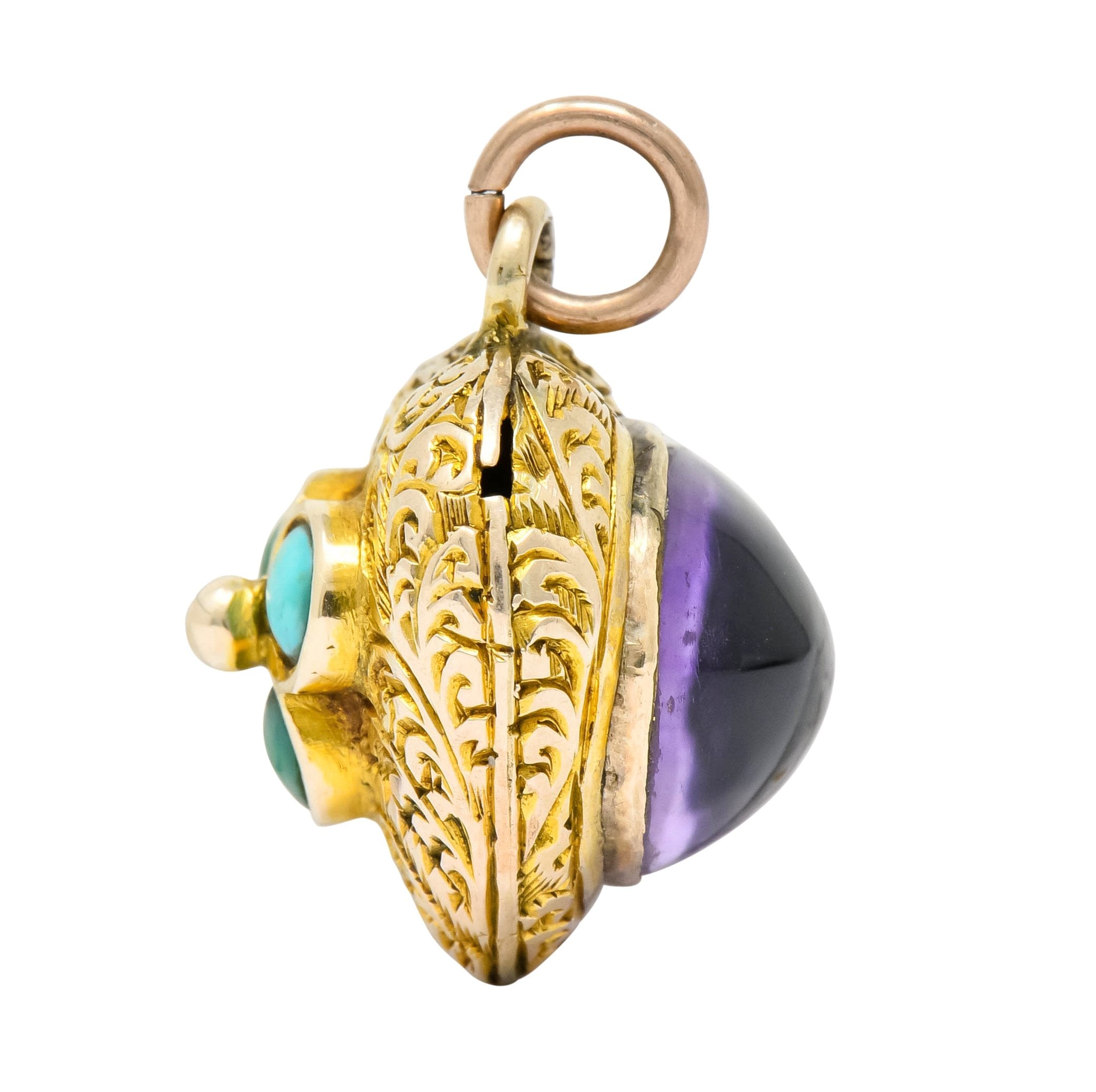 Victorian Turquoise 10 Karat Yellow Gold Engraved Heart Charm - Wilson's Estate Jewelry