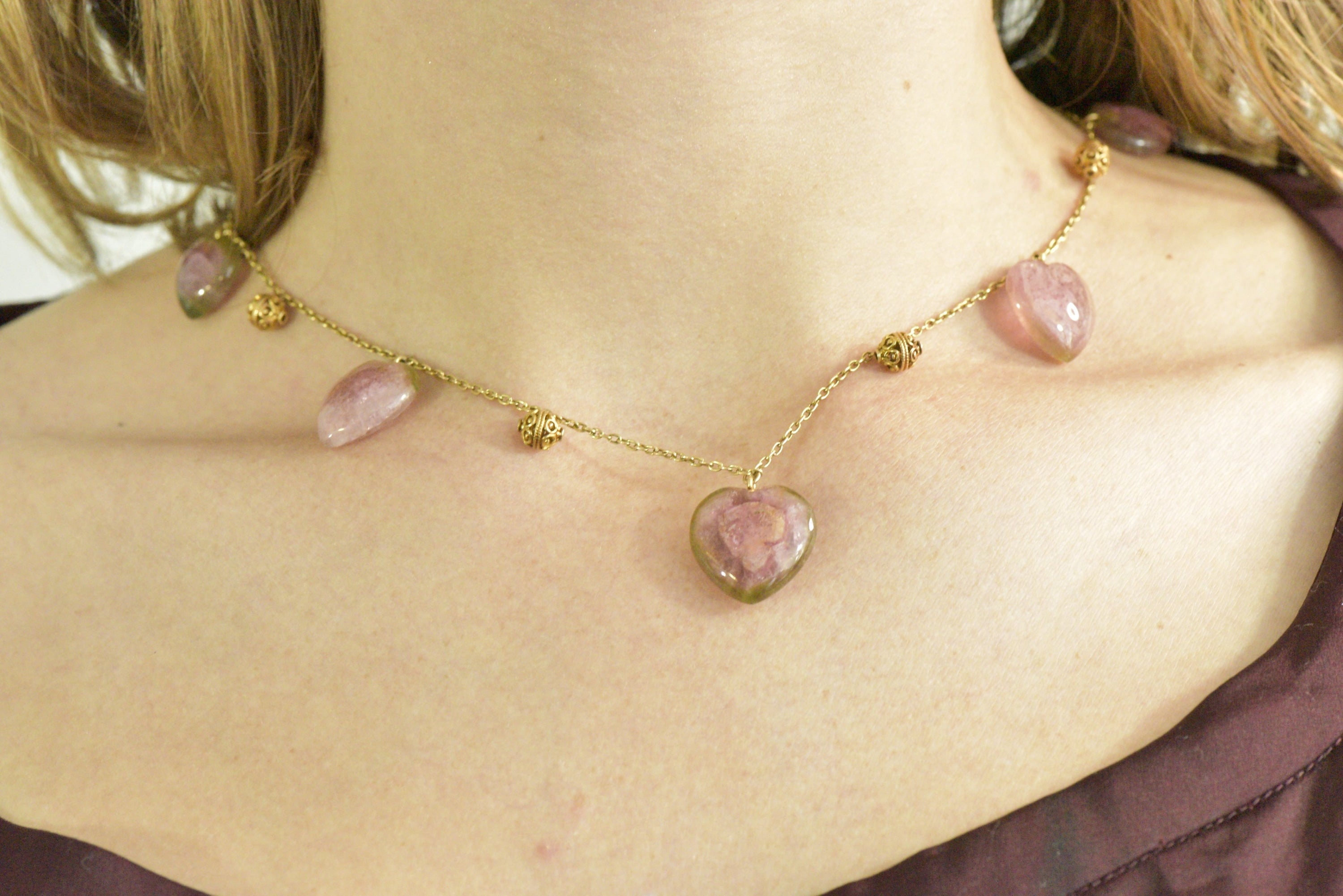Victorian Watermelon Tourmaline 14 Karat Gold Heart Station Necklace Wilson's Estate Jewelry