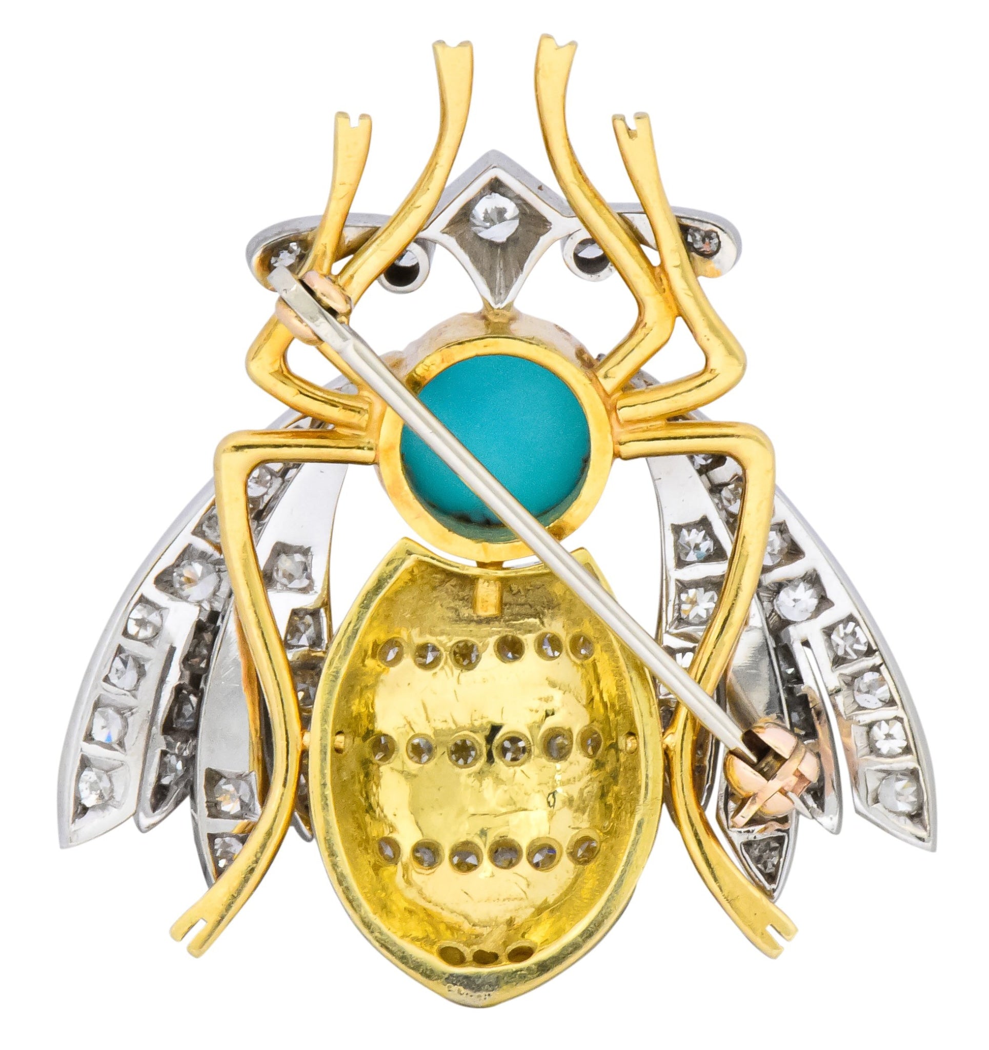 Vintage 1.71 CTW Diamond Turquoise Enamel Platinum 18 Karat Gold Insect Brooch - Wilson's Estate Jewelry
