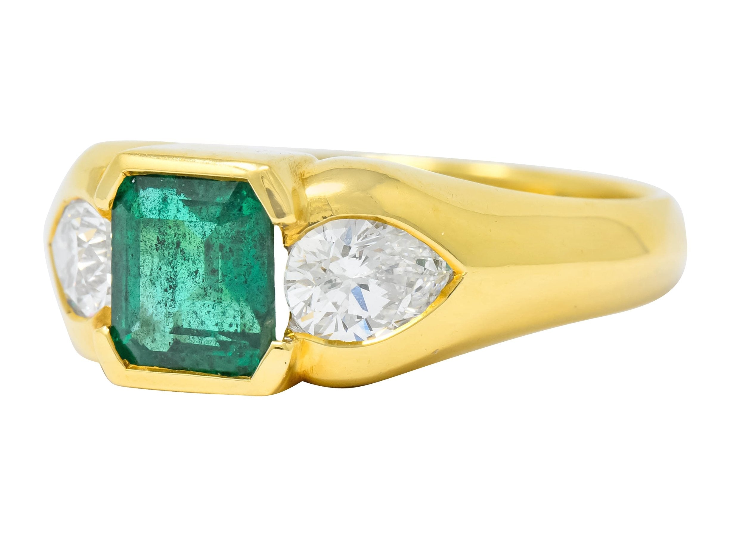 Vintage 1.90 CTW Emerald Diamond 18 Karat Gold Three Stone Ring - Wilson's Estate Jewelry