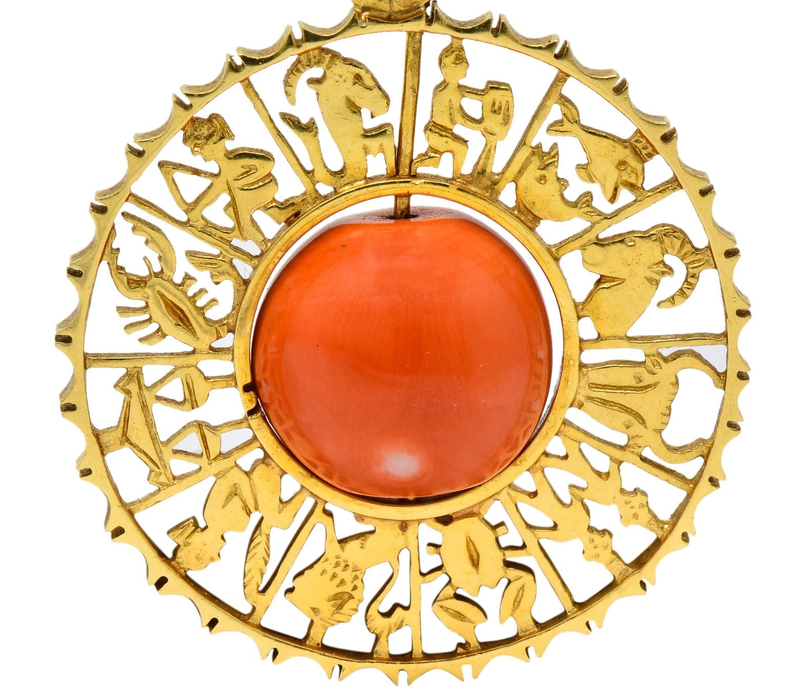 Vintage 1960's Coral 18 Karat Yellow Gold Zodiac Articulated Pendant - Wilson's Estate Jewelry