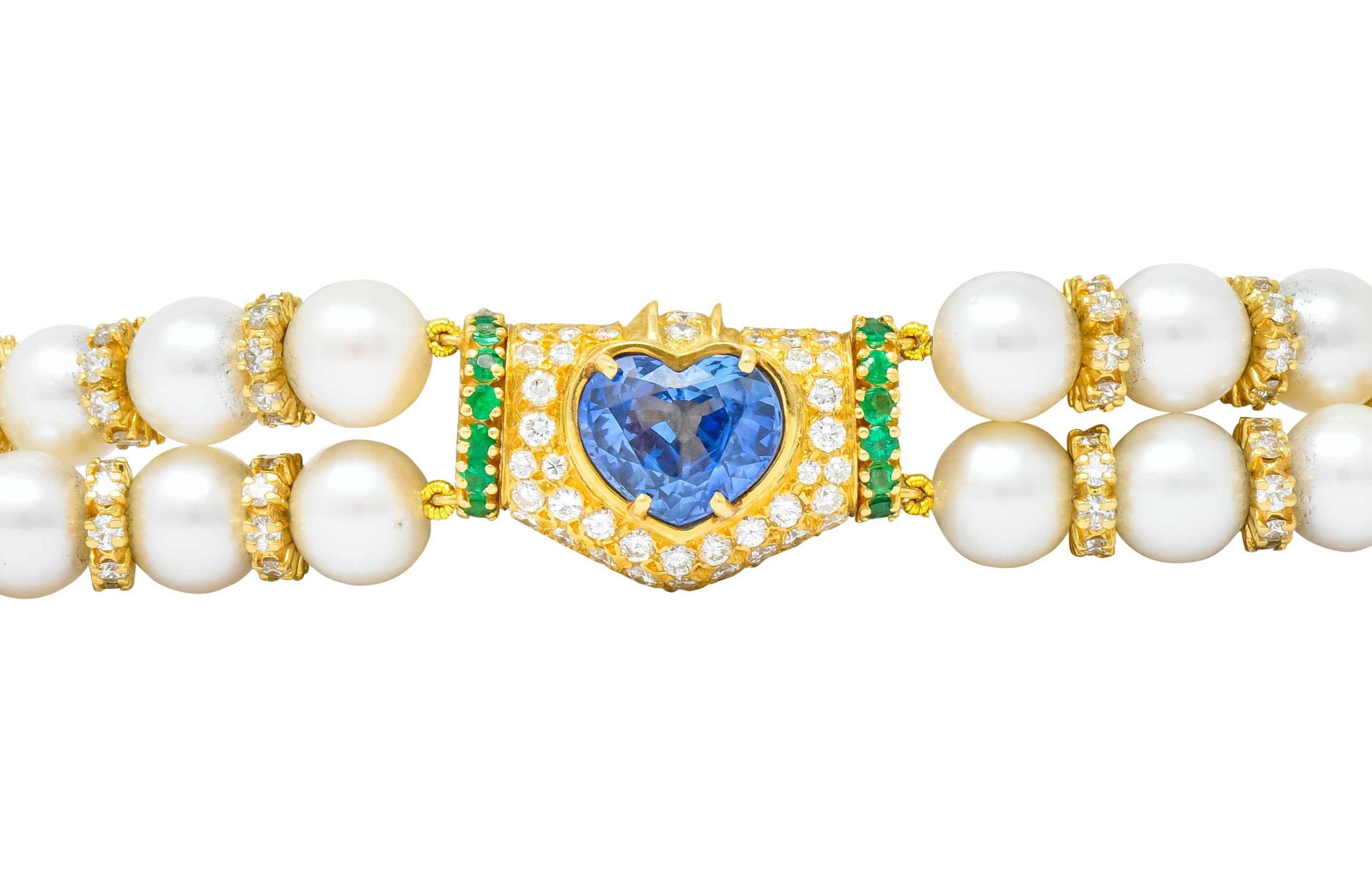 Vintage 35.50 CTW Sapphire Emerald Diamond Pearl 18 Karat Gold Heart Bracelet - Wilson's Estate Jewelry